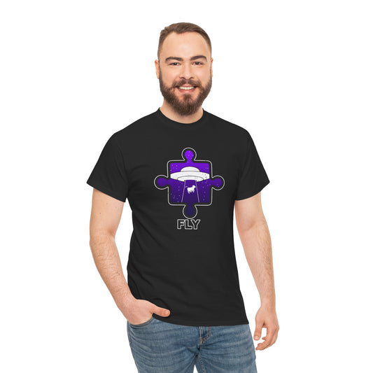 UFO Cow Abduction T-Shirt – ‘Fly’ Puzzle Piece Graphic Tee – Unisex Heavy Cotton Shirt Distressed Design