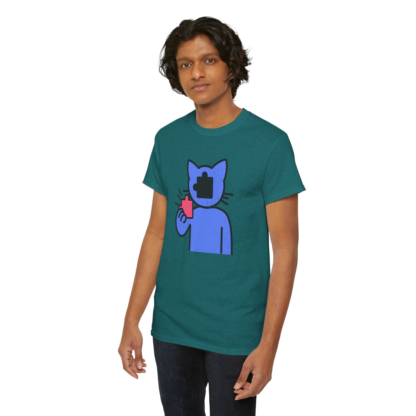 Cat Puzzle Piece T-Shirt – Life’s Epic Journey Distressed Graphic Tee – Unisex Heavy Cotton Shirt – Mix & Match to Create Your Own Unique Style