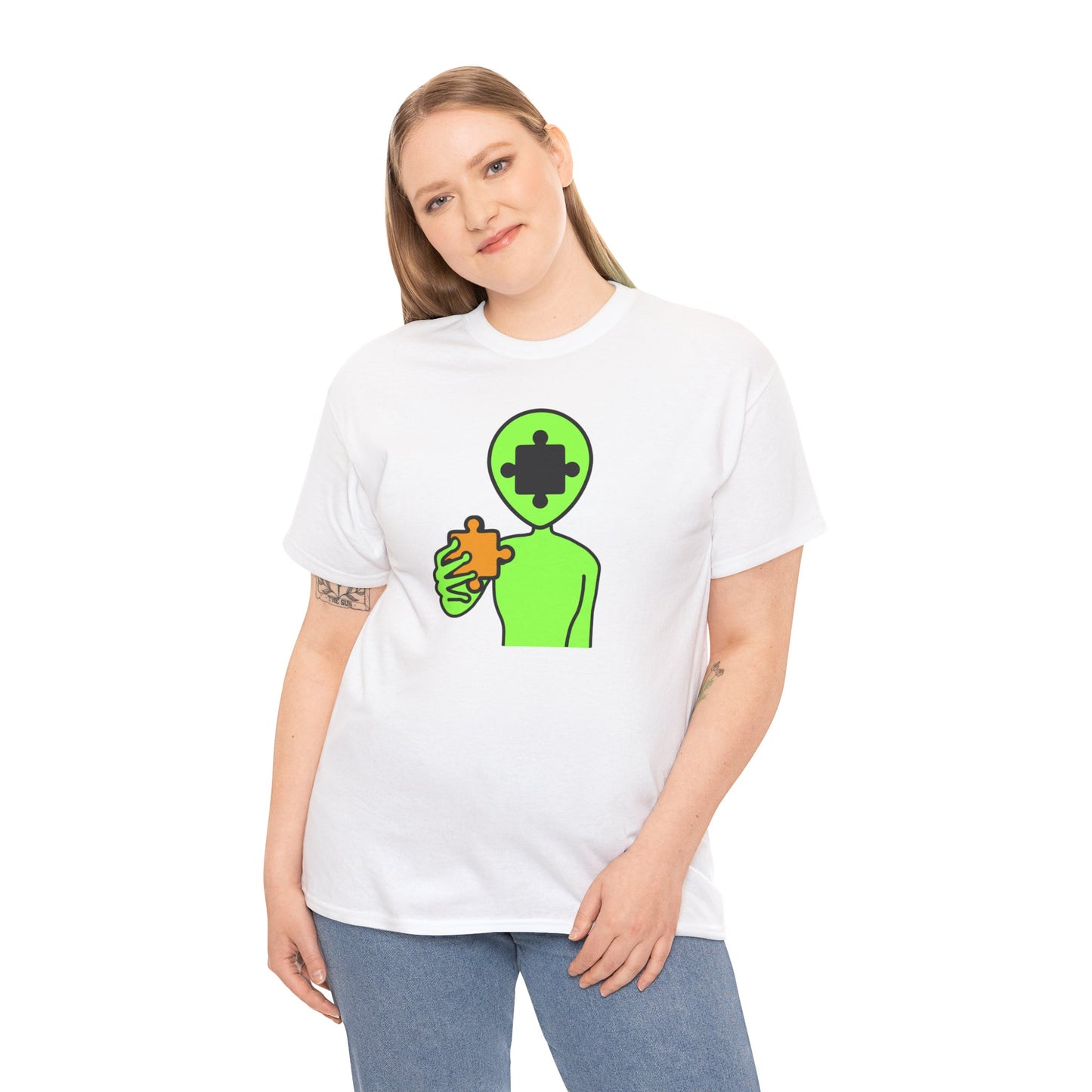 Alien Puzzle Piece T-Shirt – Clean Cosmic Design – Unisex Heavy Cotton Shirt for Life’s Mysteries