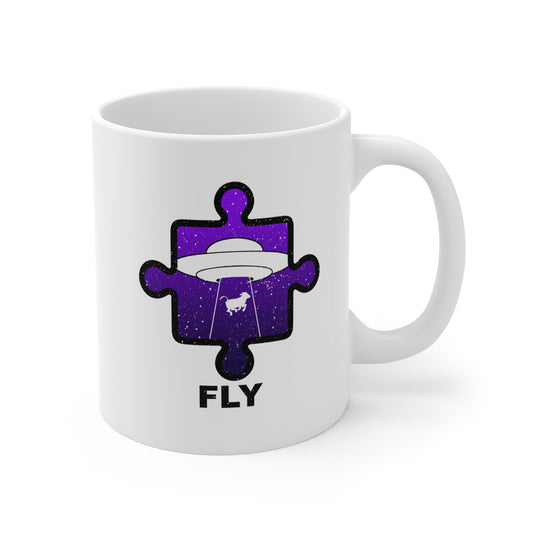 UFO Cow Abduction Mug – ‘Fly’ Puzzle Piece Graphic – 11oz Ceramic Cup Distressed Style