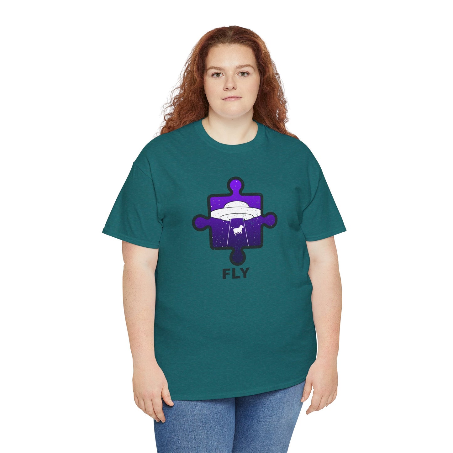 UFO Cow Abduction T-Shirt – ‘Fly’ Puzzle Piece Graphic Tee – Unisex Heavy Cotton Shirt Distressed Design