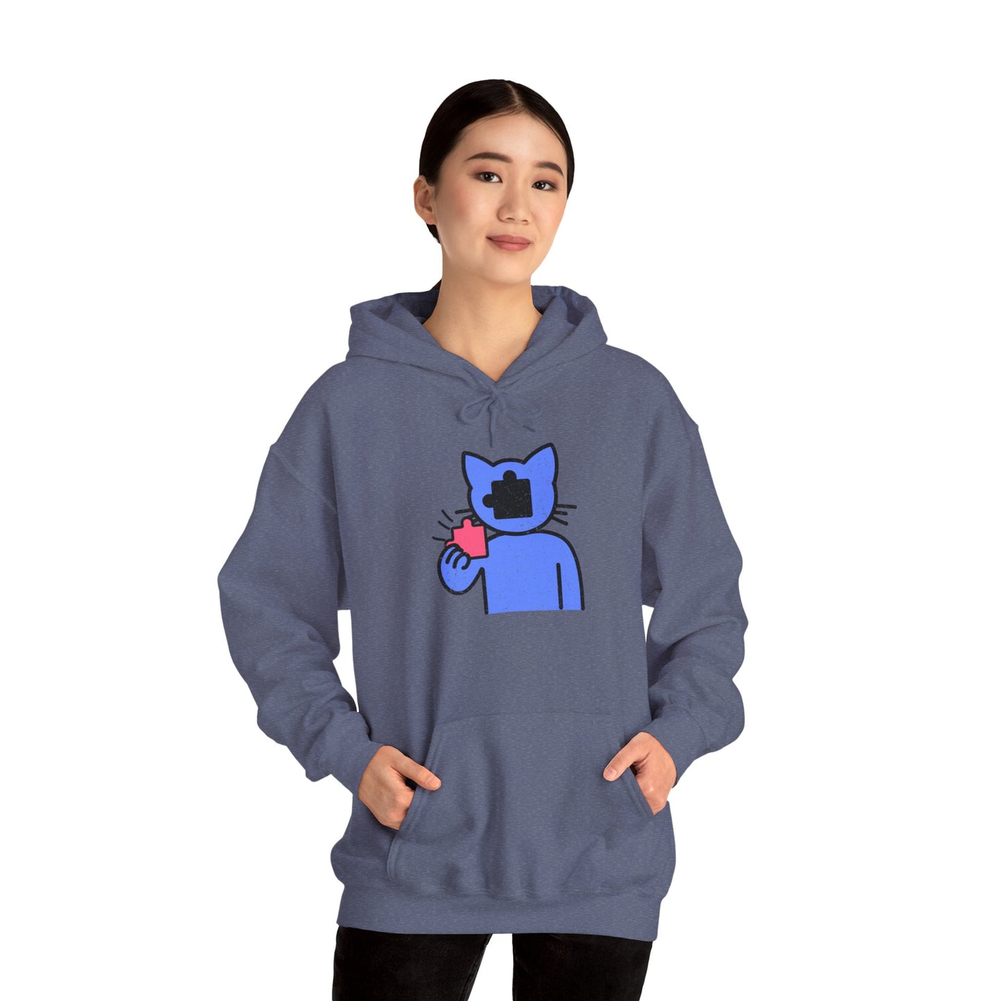 Cat Puzzle Piece Hoodie – Distressed Graphic Pullover – Cozy Unisex Hooded Sweatshirt for Puzzle Lovers