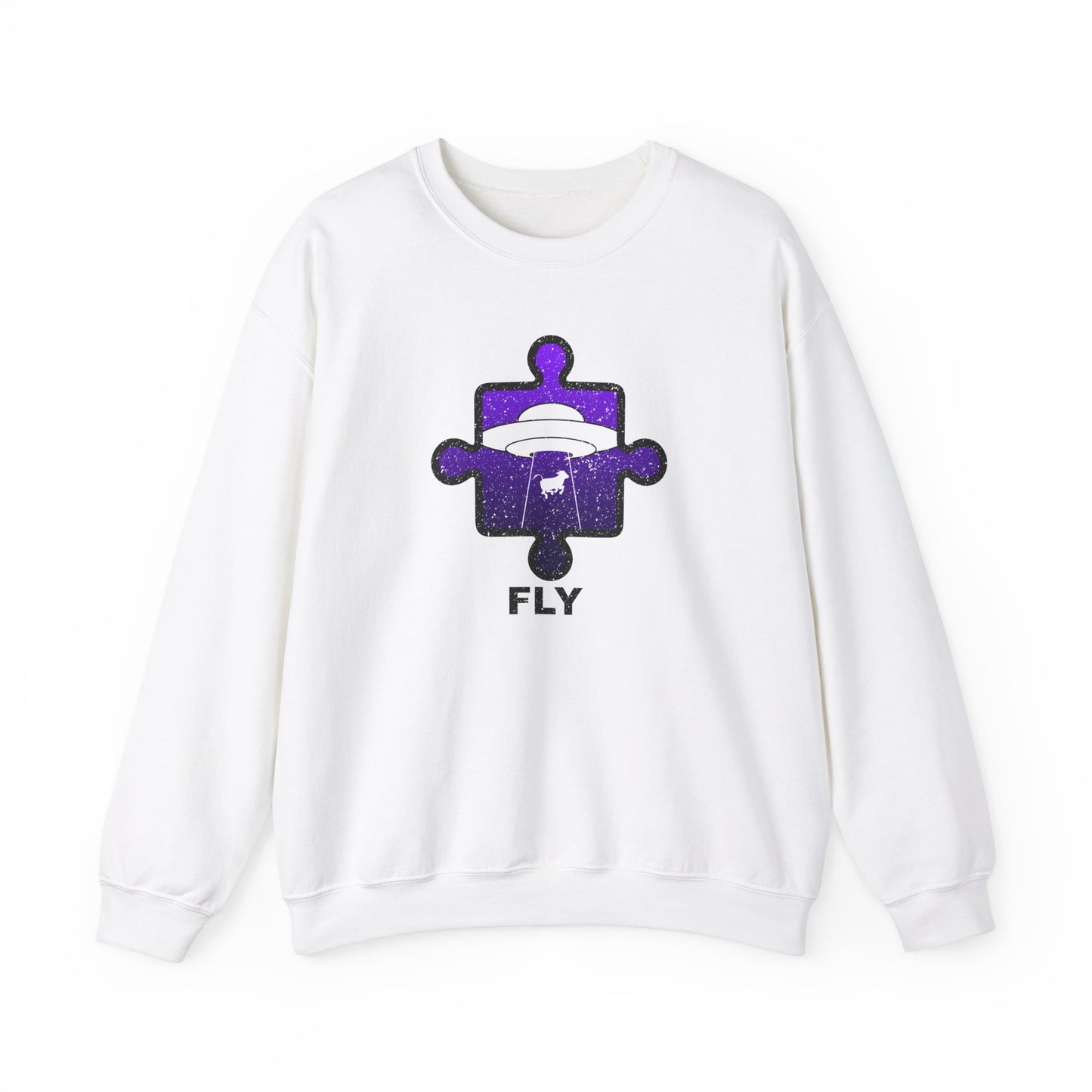 Distressed Crewneck Sweatshirt – Cow & UFO Puzzle Piece with ‘Fly’ Theme