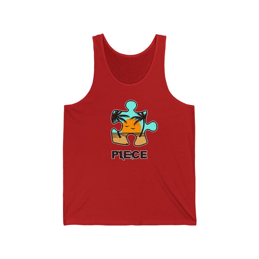 Peace Puzzle Piece Tank Top – Distressed Beach Graphic – Unisex Jersey Tank for Sunny Days and Good Vibes