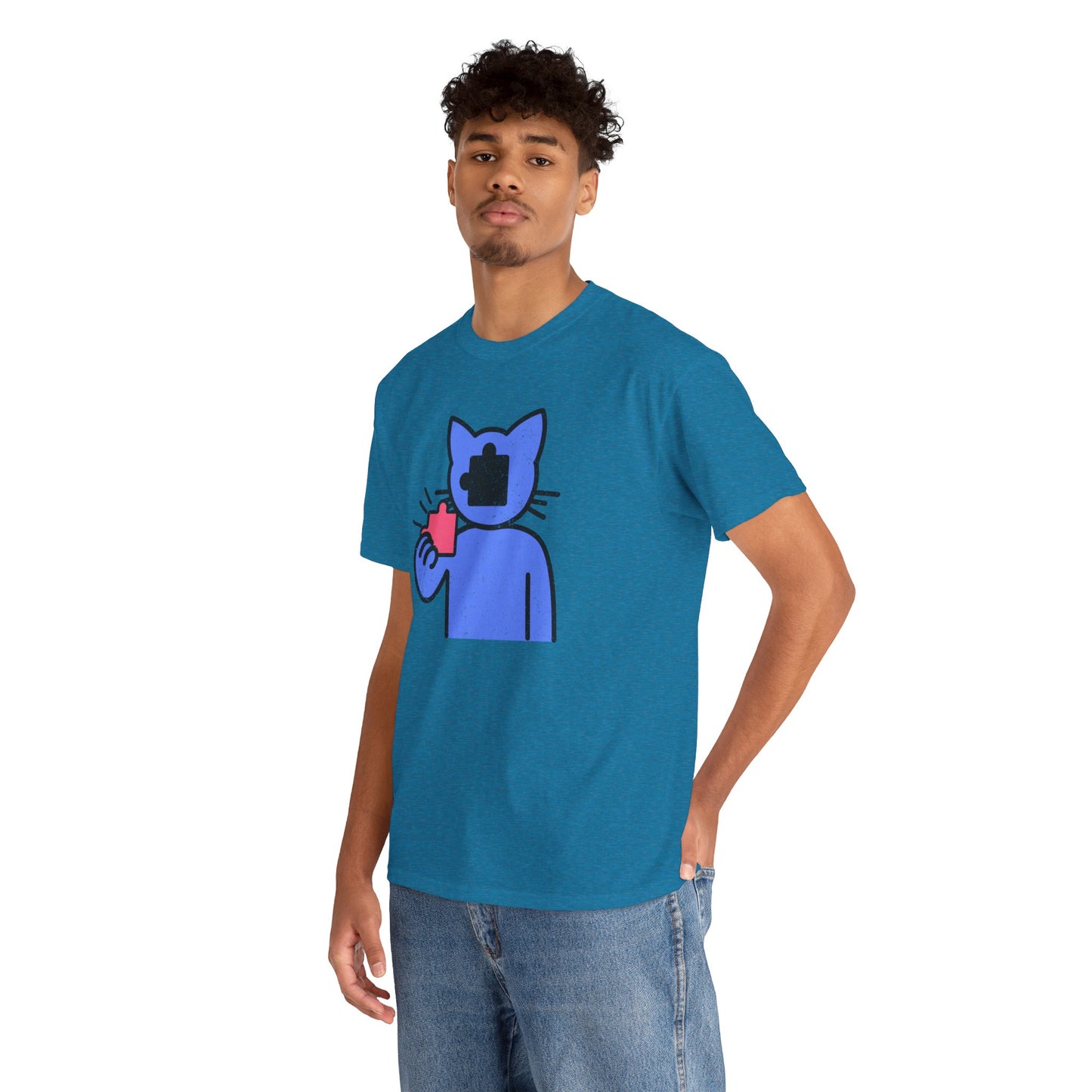 Cat Puzzle Piece T-Shirt – Life’s Epic Journey Distressed Graphic Tee – Unisex Heavy Cotton Shirt – Mix & Match to Create Your Own Unique Style