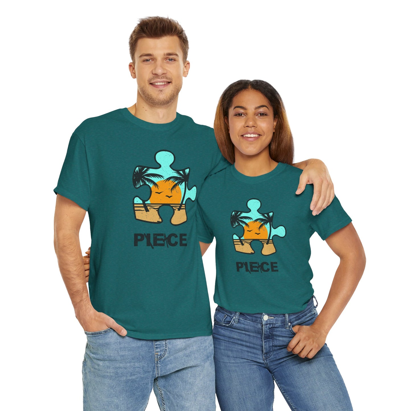 Peace Puzzle Piece T-Shirt – Distressed Beach Graphic Tee – Unisex Heavy Cotton Shirt for Tranquil Vibes