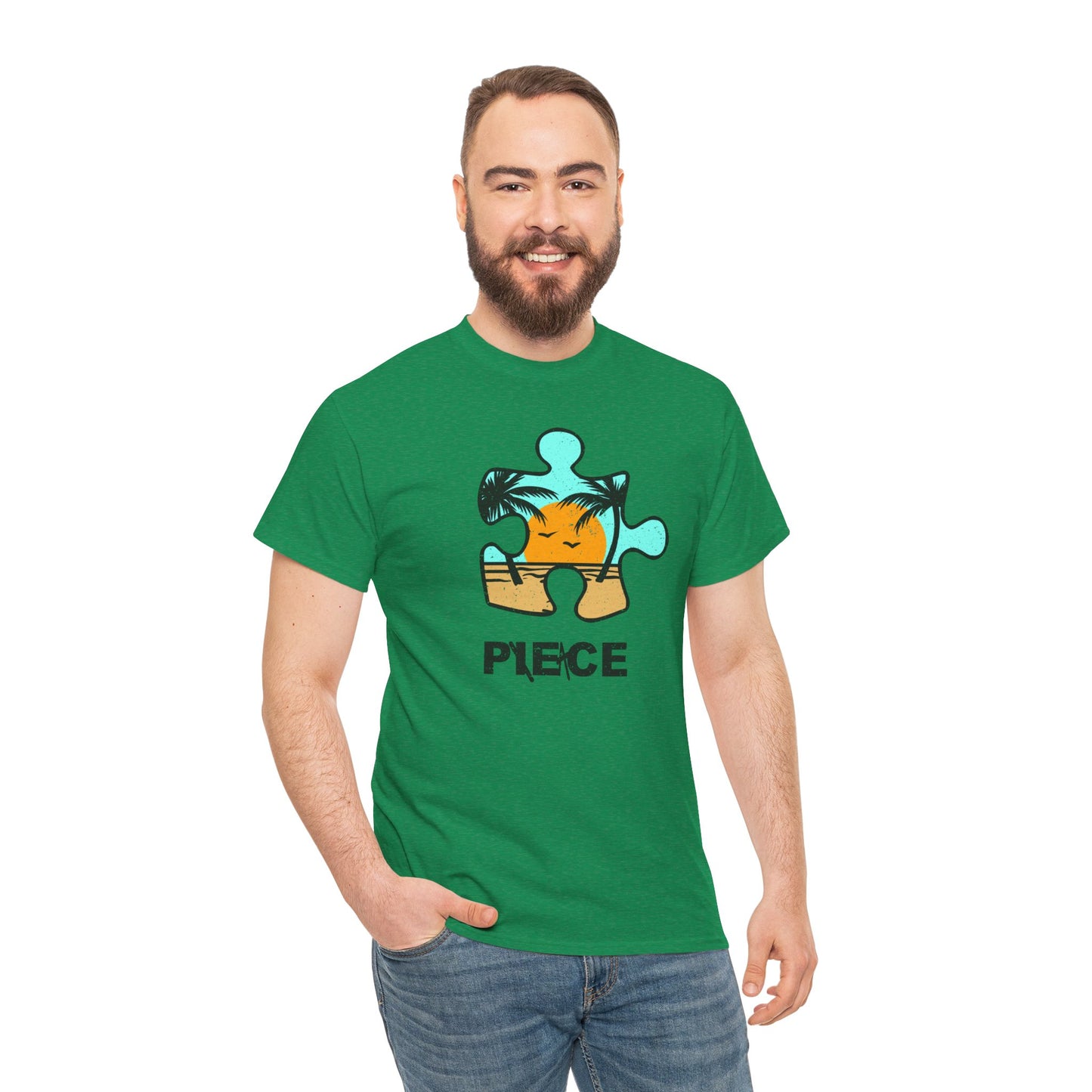 Peace Puzzle Piece T-Shirt – Distressed Beach Graphic Tee – Unisex Heavy Cotton Shirt for Tranquil Vibes