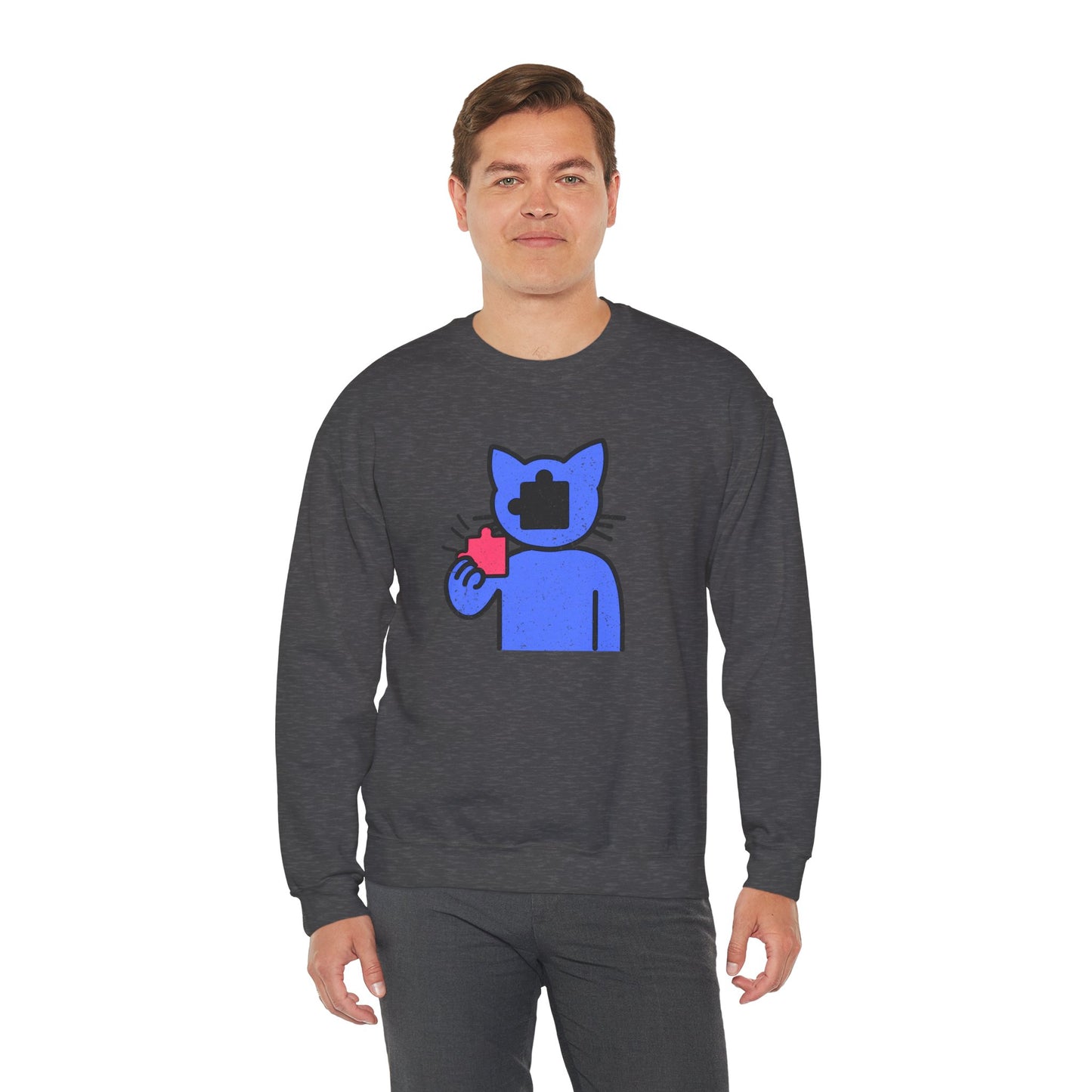 Cat Puzzle Piece Sweatshirt – Distressed Graphic Crewneck – Cozy Unisex Fleece for Life’s Puzzle Lovers