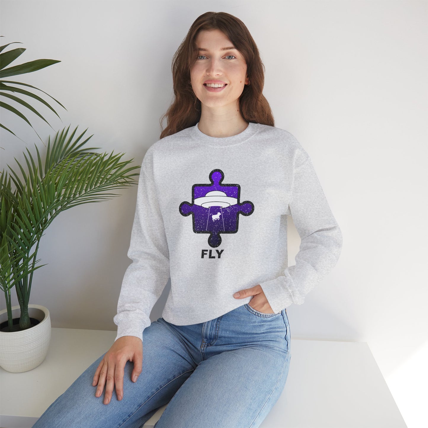 Distressed Crewneck Sweatshirt – Cow & UFO Puzzle Piece with ‘Fly’ Theme