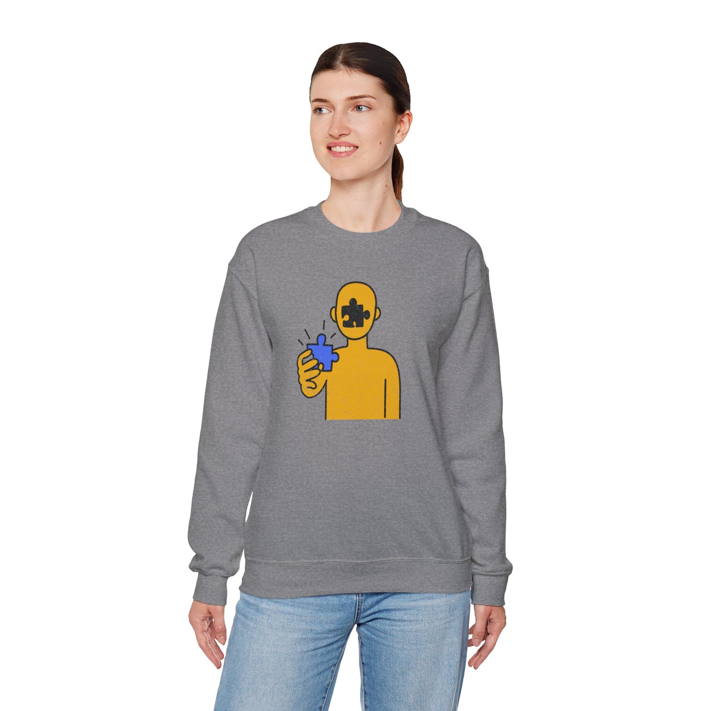 Distressed Crewneck Sweatshirt – Thoughtful Puzzle Piece Design with Human Theme