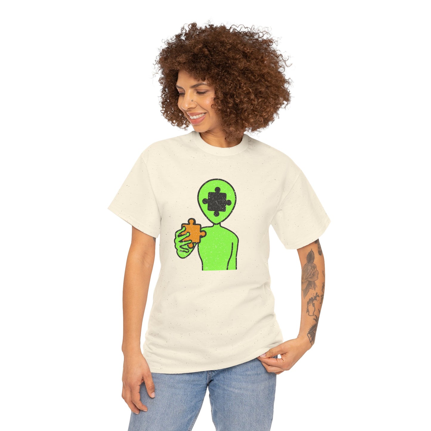 Alien Puzzle Piece T-Shirt – Distressed Cosmic Design – Unisex Heavy Cotton Shirt for Life’s Mysteries