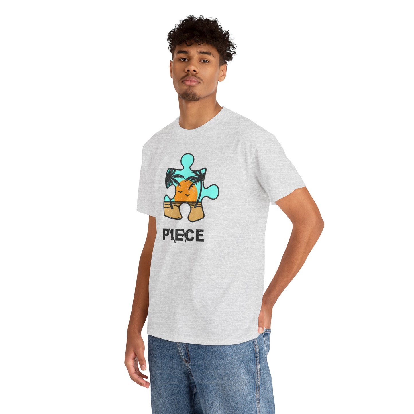 Peace Puzzle Piece T-Shirt – Distressed Beach Graphic Tee – Unisex Heavy Cotton Shirt for Tranquil Vibes