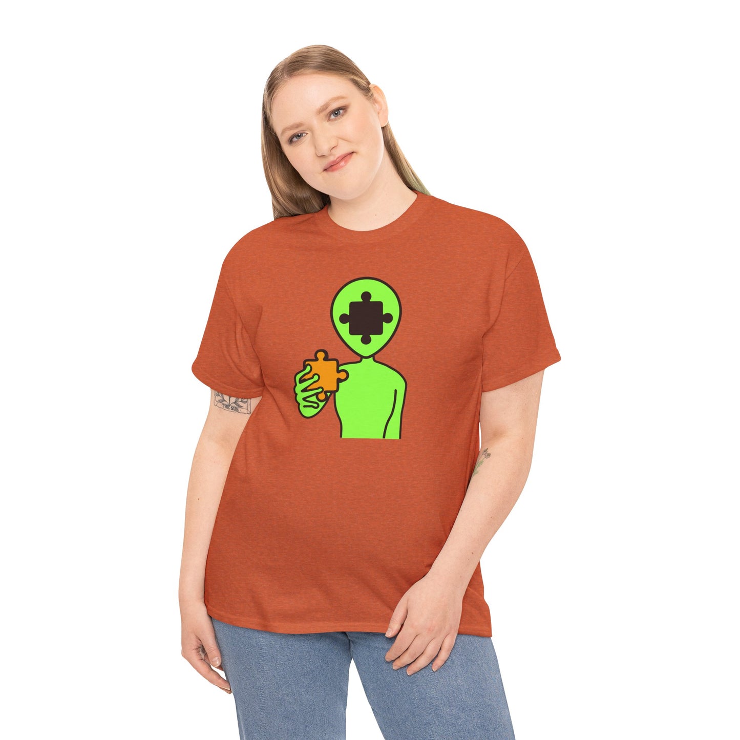 Alien Puzzle Piece T-Shirt – Clean Cosmic Design – Unisex Heavy Cotton Shirt for Life’s Mysteries