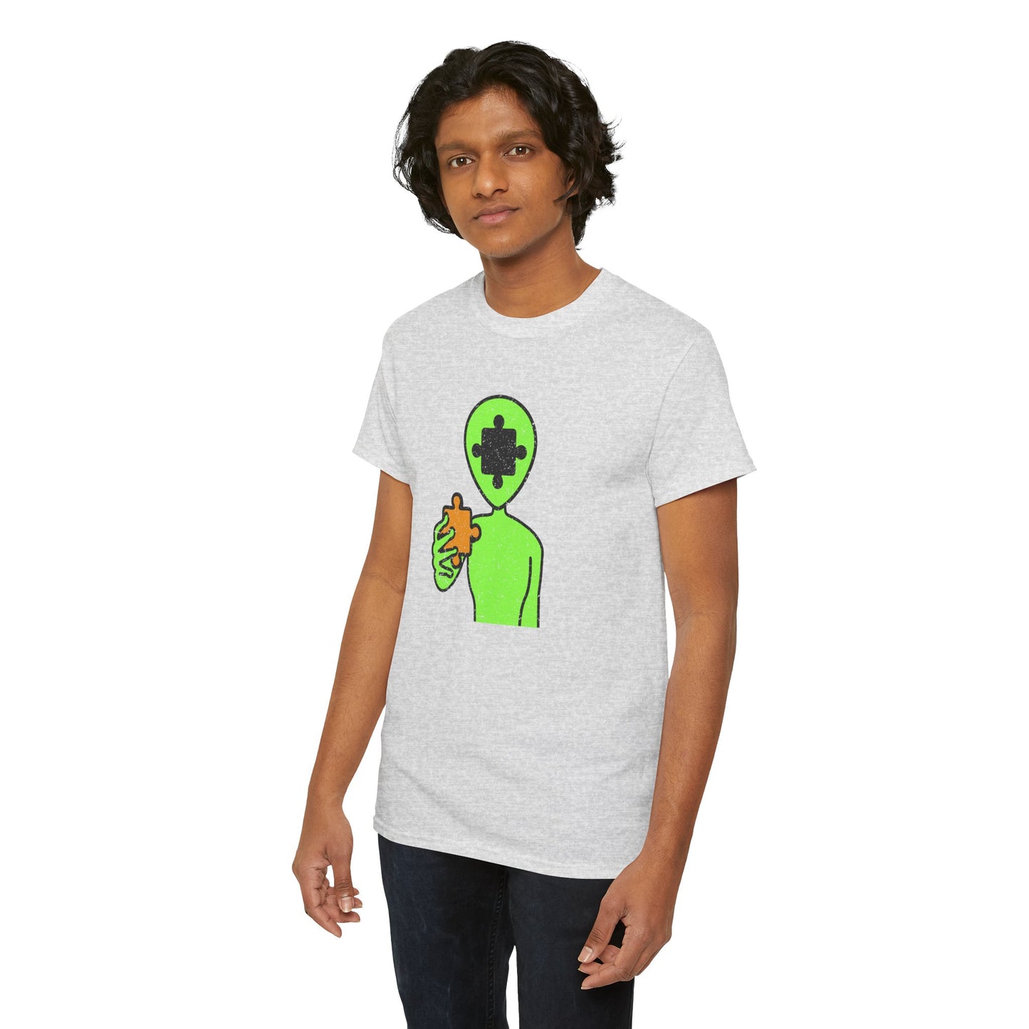 Alien Puzzle Piece T-Shirt – Distressed Cosmic Design – Unisex Heavy Cotton Shirt for Life’s Mysteries