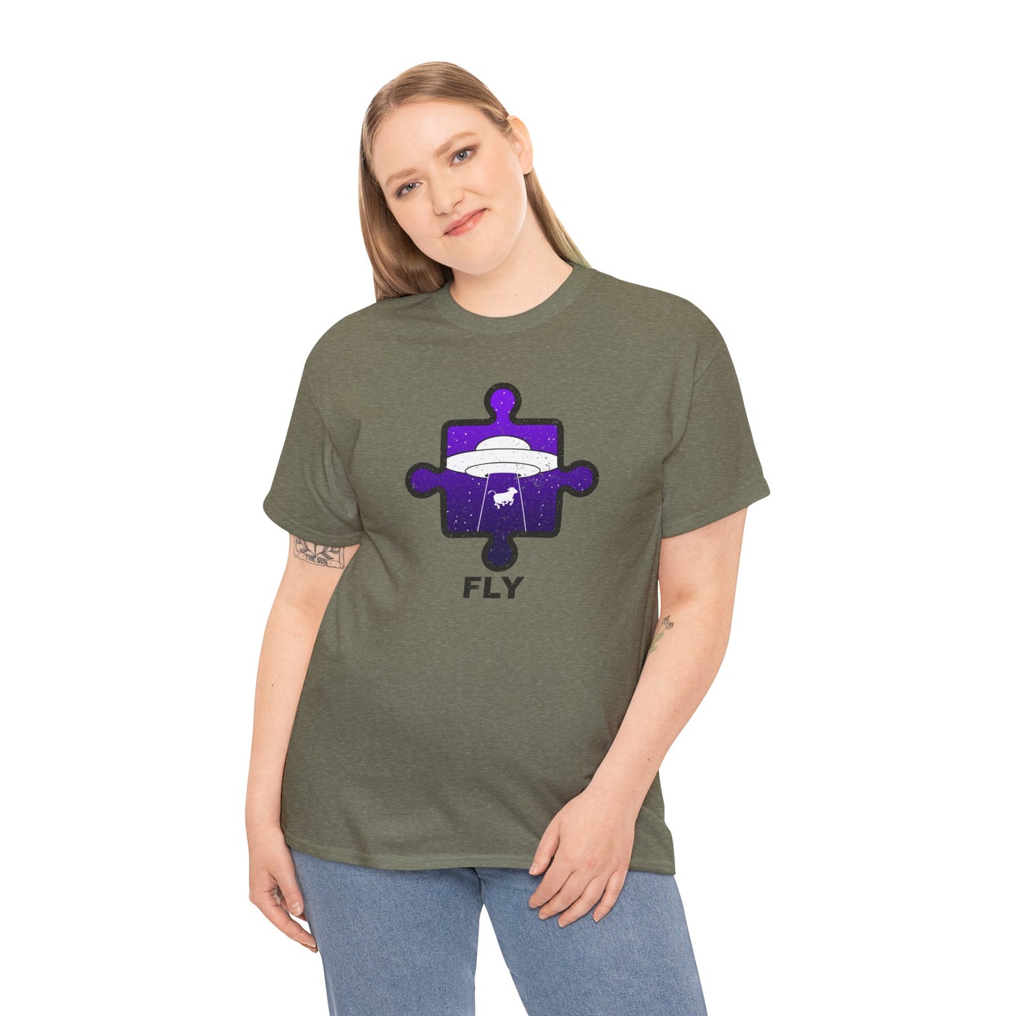 UFO Cow Abduction T-Shirt – ‘Fly’ Puzzle Piece Graphic Tee – Unisex Heavy Cotton Shirt Distressed Design