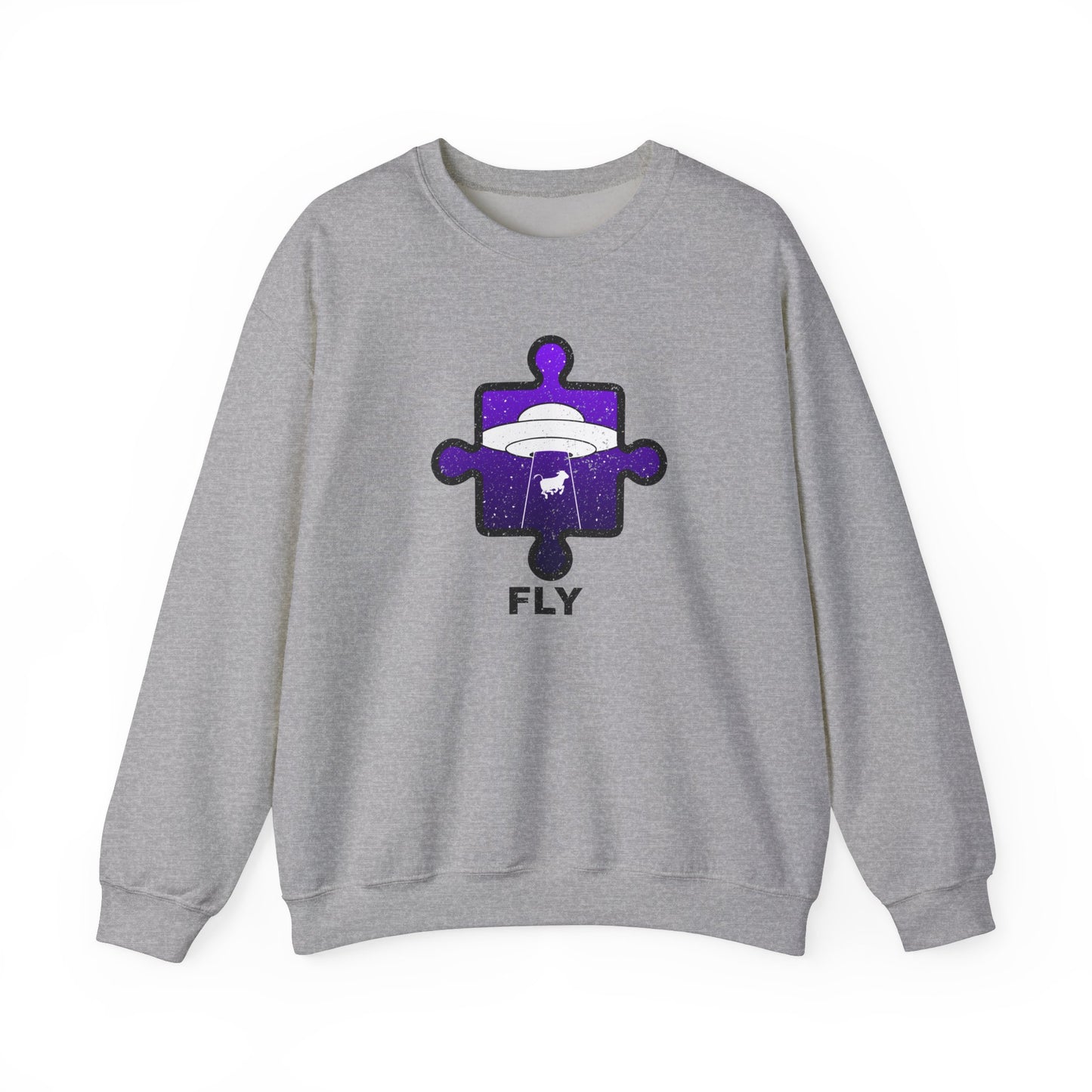 Distressed Crewneck Sweatshirt – Cow & UFO Puzzle Piece with ‘Fly’ Theme