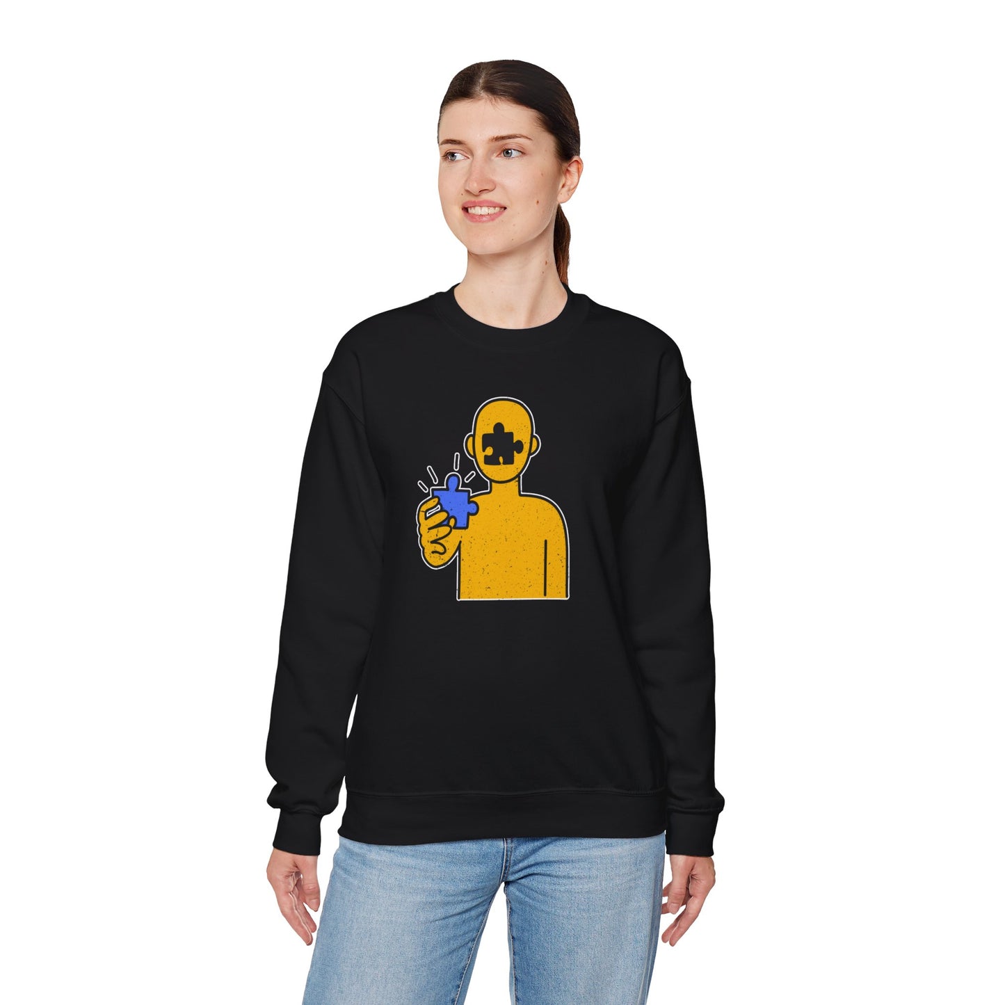 Distressed Crewneck Sweatshirt – Thoughtful Puzzle Piece Design with Human Theme