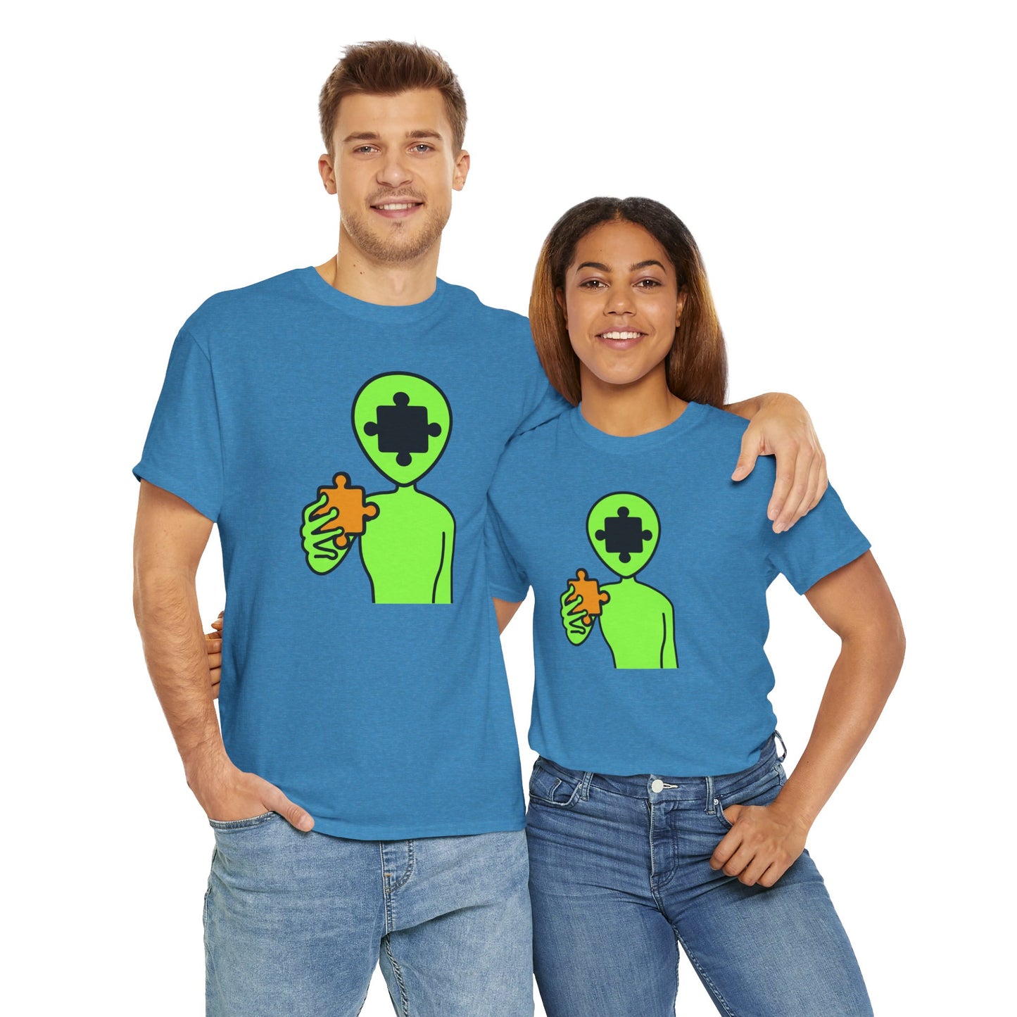 Alien Puzzle Piece T-Shirt – Clean Cosmic Design – Unisex Heavy Cotton Shirt for Life’s Mysteries