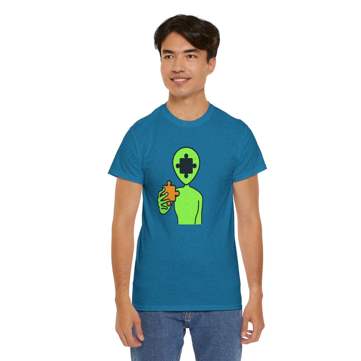 Alien Puzzle Piece T-Shirt – Distressed Cosmic Design – Unisex Heavy Cotton Shirt for Life’s Mysteries