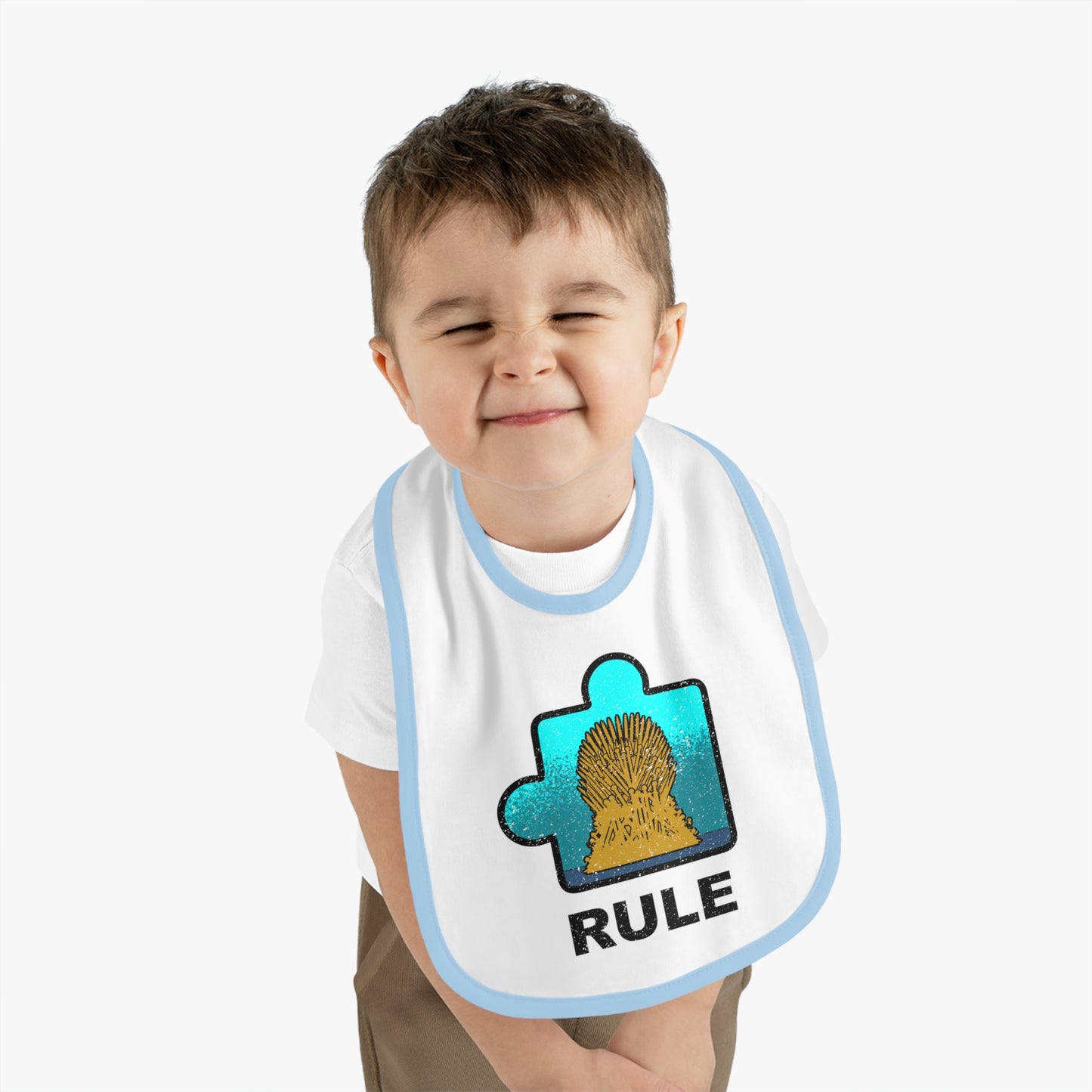 Rule Baby Bib – Puzzle Piece Design with Distressed Look – Soft Contrast Trim Jersey Bib