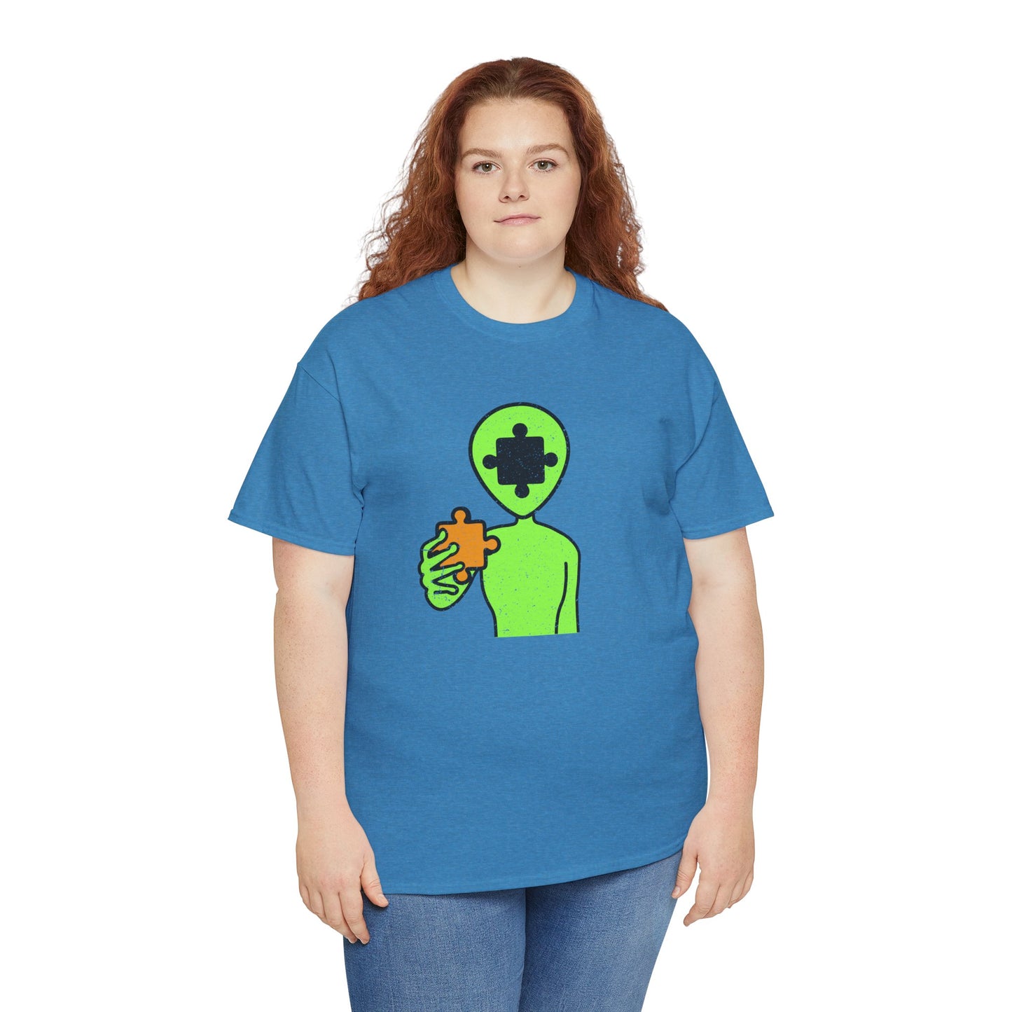 Alien Puzzle Piece T-Shirt – Distressed Cosmic Design – Unisex Heavy Cotton Shirt for Life’s Mysteries