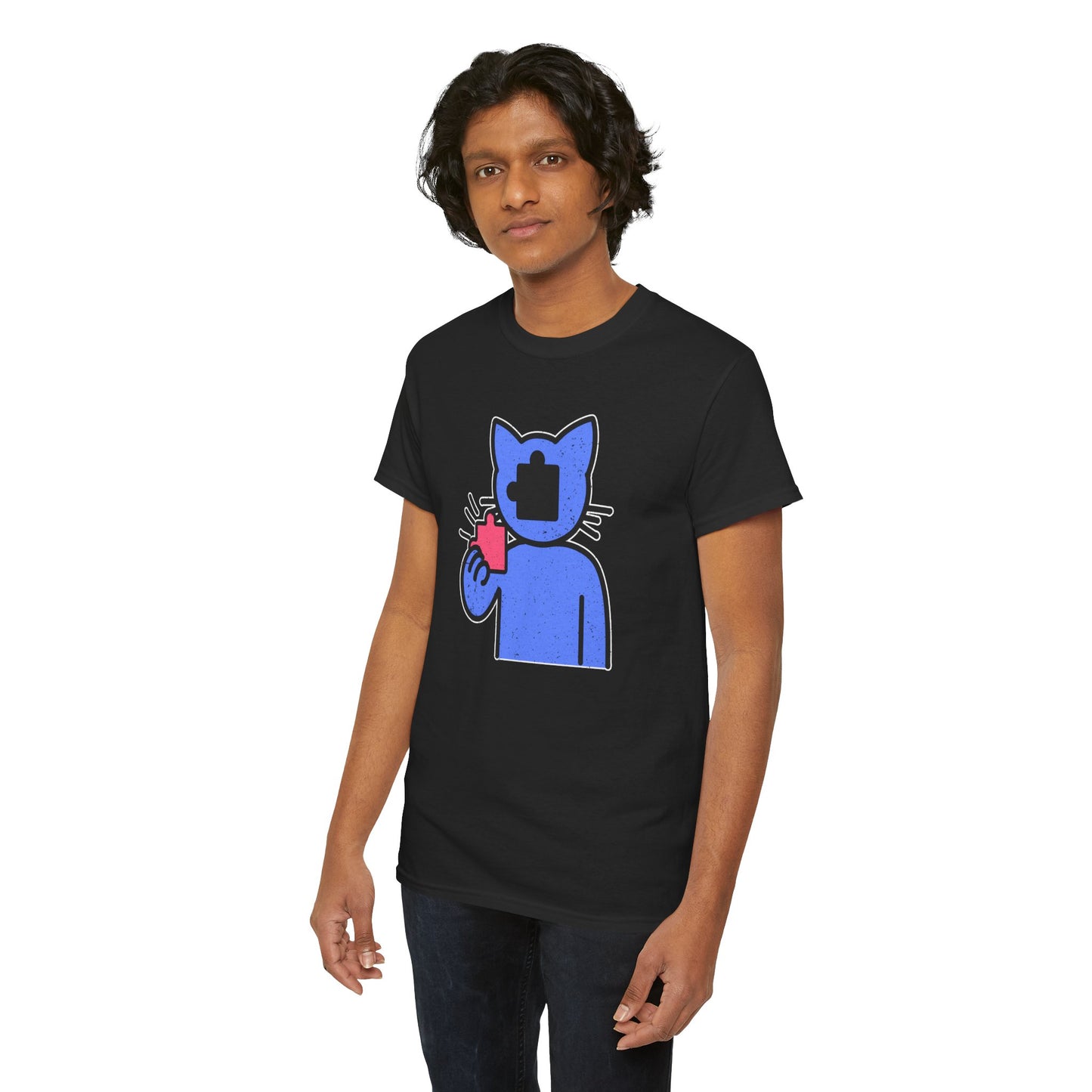 Cat Puzzle Piece T-Shirt – Life’s Epic Journey Distressed Graphic Tee – Unisex Heavy Cotton Shirt – Mix & Match to Create Your Own Unique Style