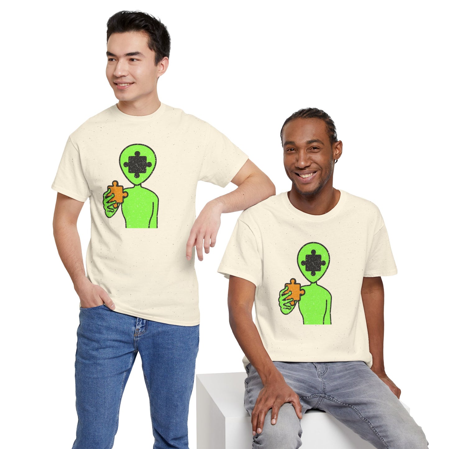 Alien Puzzle Piece T-Shirt – Distressed Cosmic Design – Unisex Heavy Cotton Shirt for Life’s Mysteries