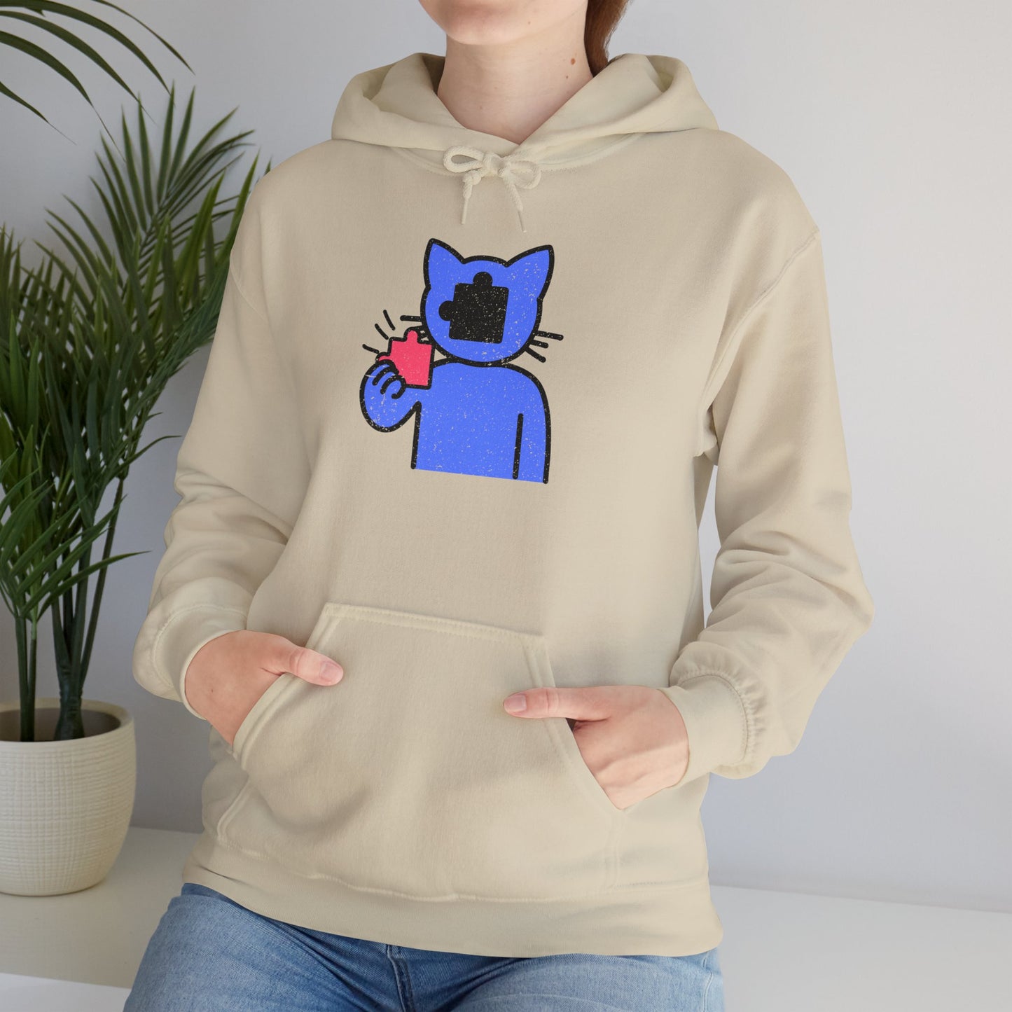 Cat Puzzle Piece Hoodie – Distressed Graphic Pullover – Cozy Unisex Hooded Sweatshirt for Puzzle Lovers