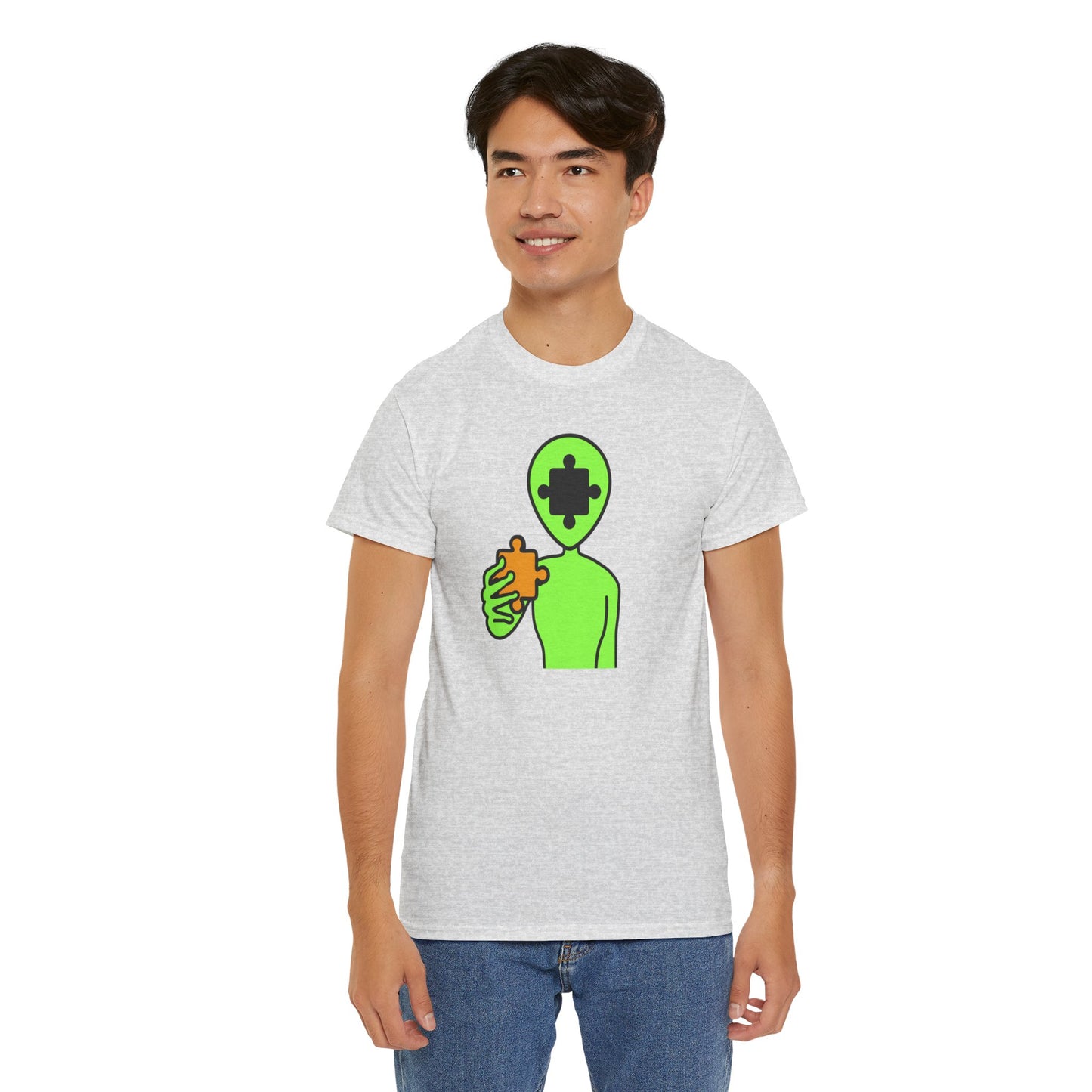 Alien Puzzle Piece T-Shirt – Clean Cosmic Design – Unisex Heavy Cotton Shirt for Life’s Mysteries