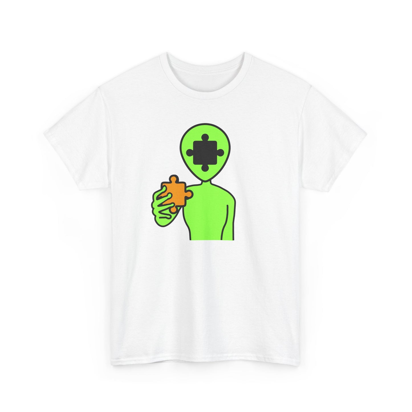 Alien Puzzle Piece T-Shirt – Clean Cosmic Design – Unisex Heavy Cotton Shirt for Life’s Mysteries