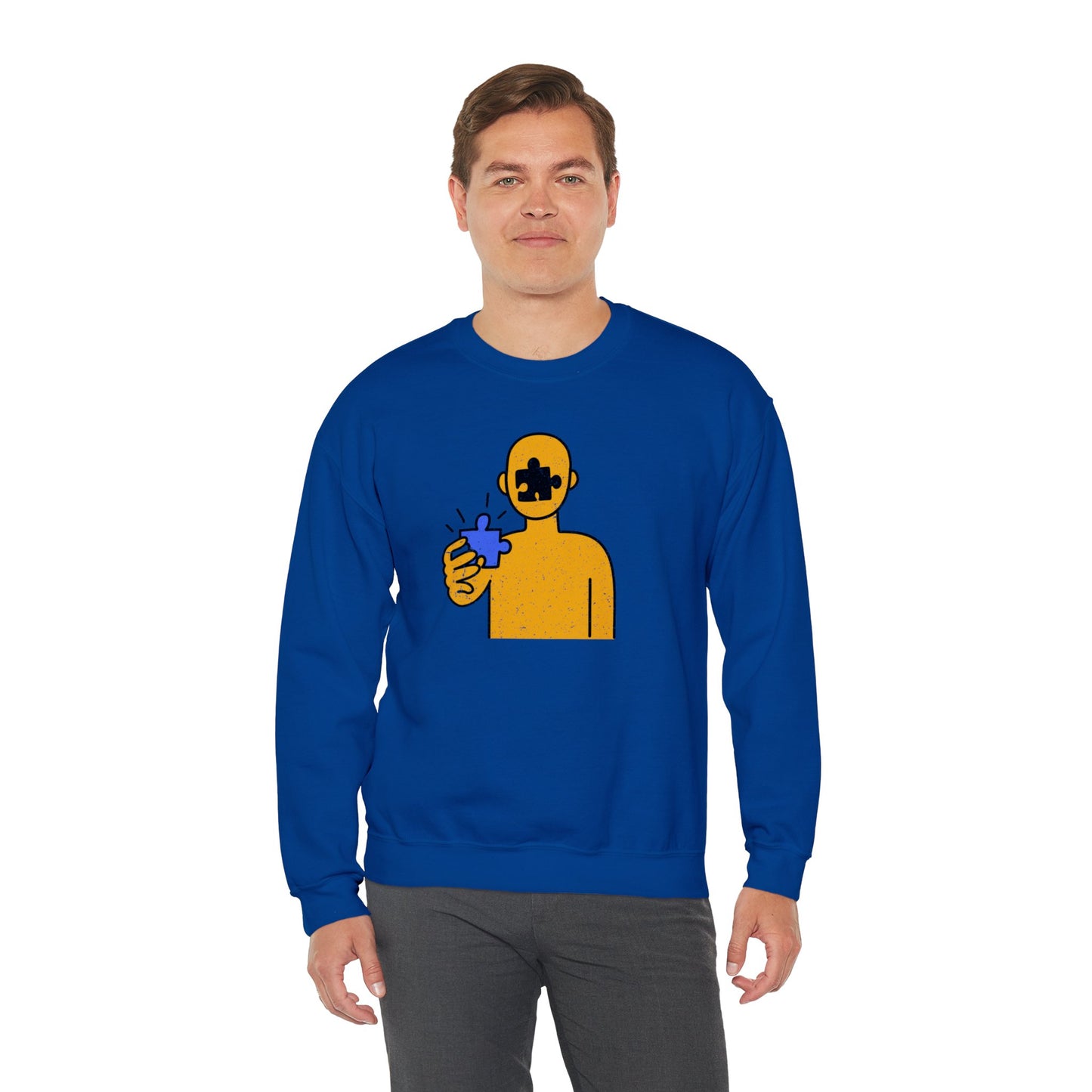 Distressed Crewneck Sweatshirt – Thoughtful Puzzle Piece Design with Human Theme