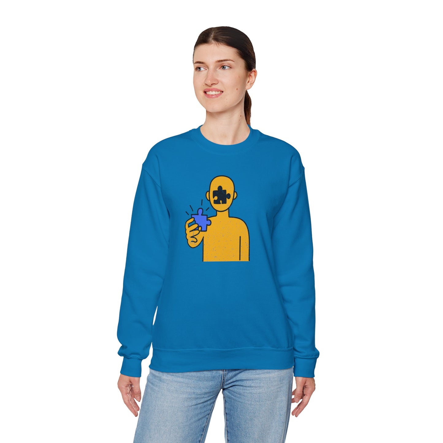 Distressed Crewneck Sweatshirt – Thoughtful Puzzle Piece Design with Human Theme