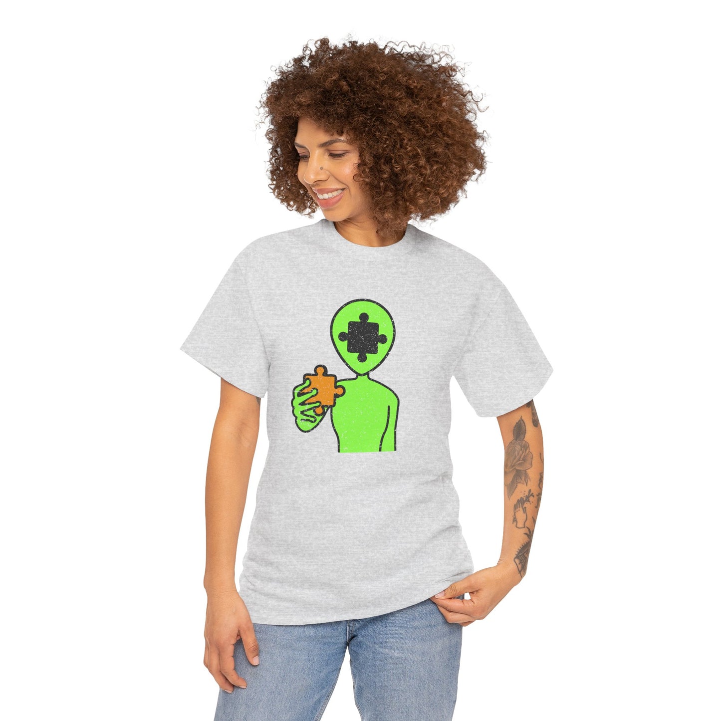 Alien Puzzle Piece T-Shirt – Distressed Cosmic Design – Unisex Heavy Cotton Shirt for Life’s Mysteries