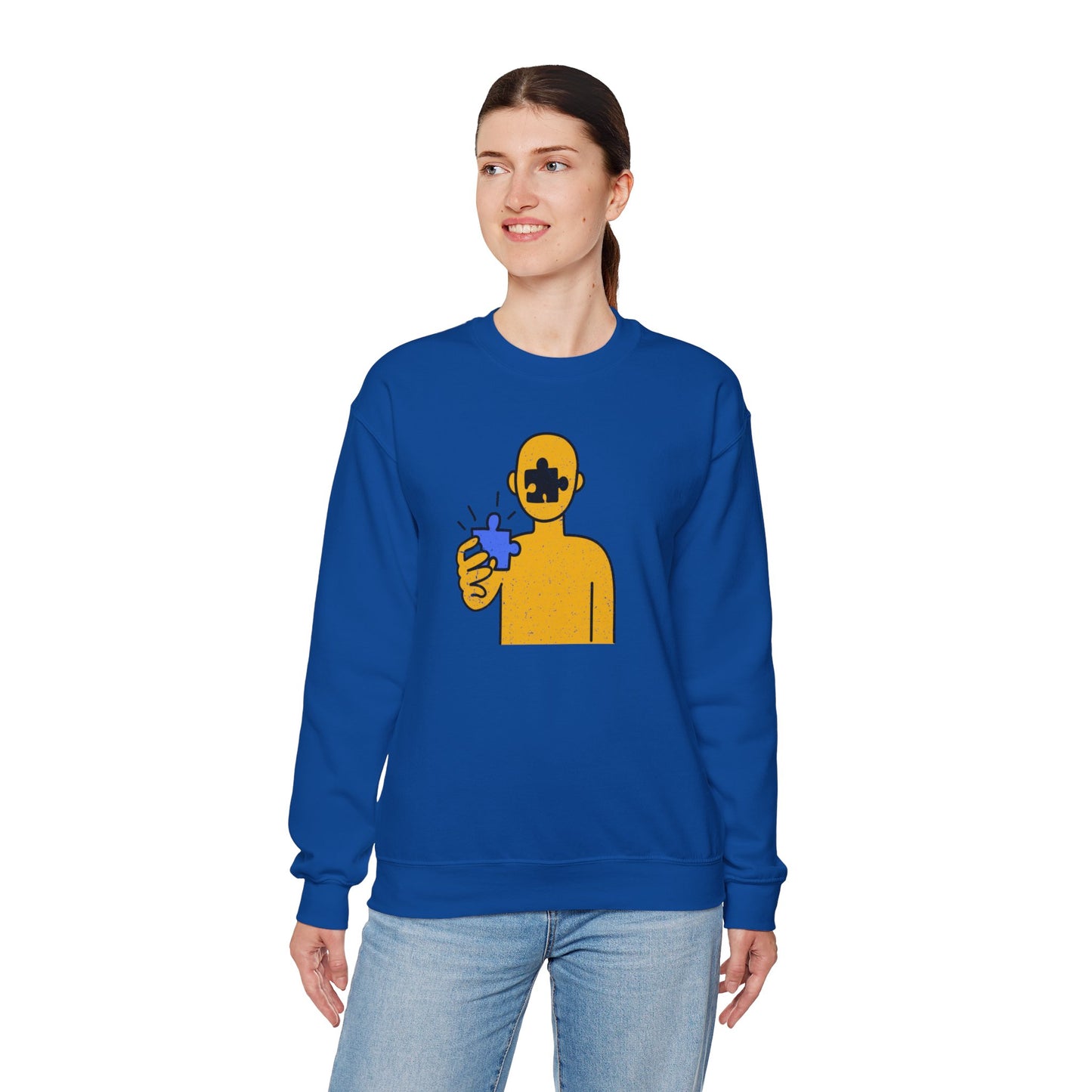 Distressed Crewneck Sweatshirt – Thoughtful Puzzle Piece Design with Human Theme