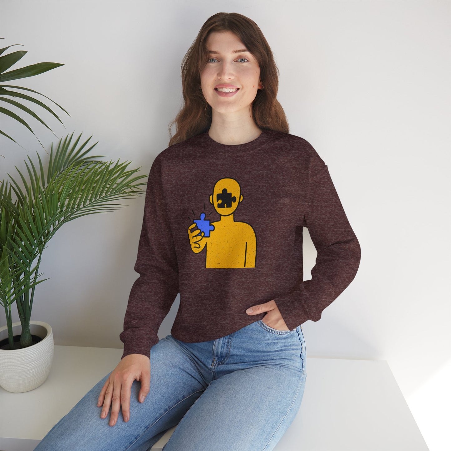 Distressed Crewneck Sweatshirt – Thoughtful Puzzle Piece Design with Human Theme