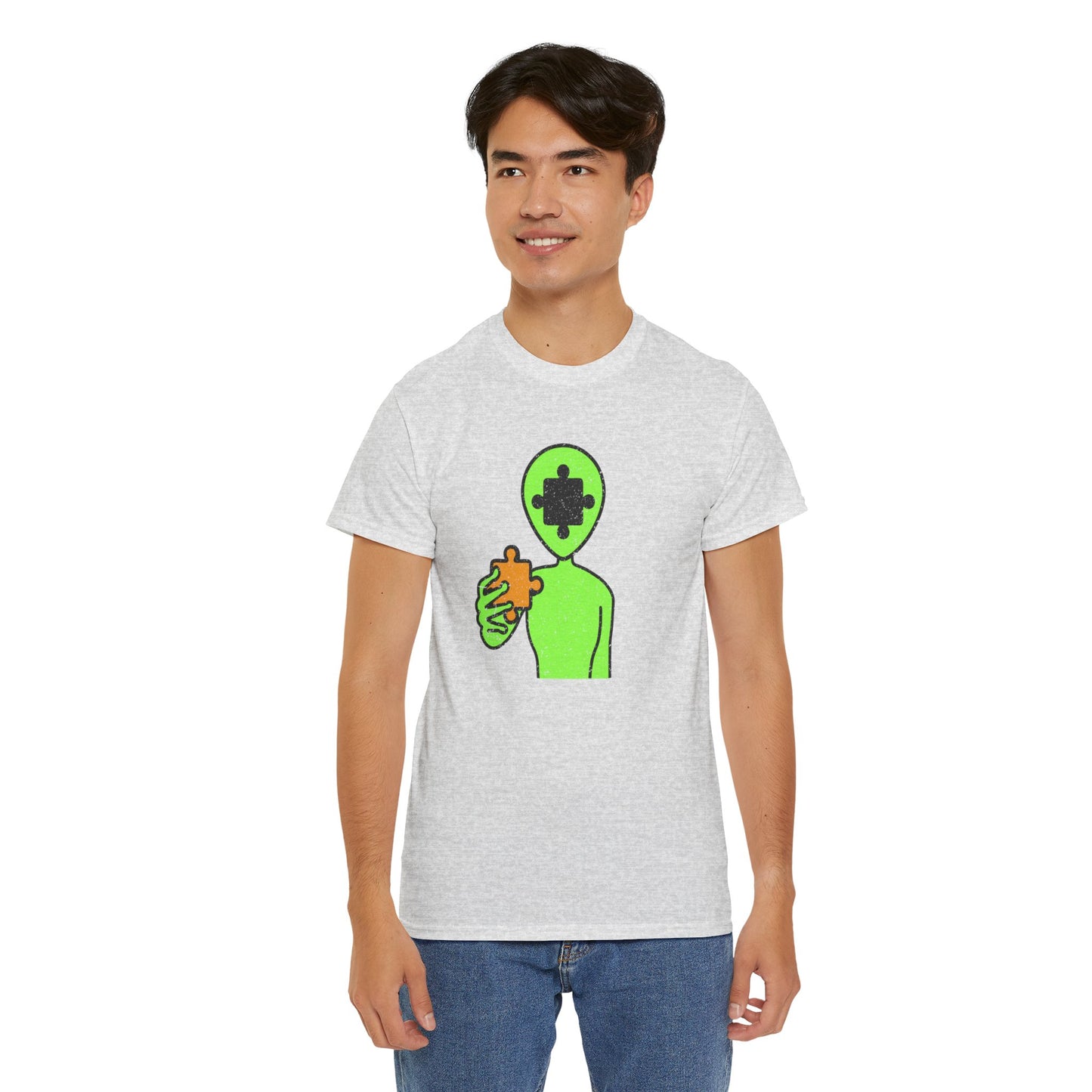 Alien Puzzle Piece T-Shirt – Distressed Cosmic Design – Unisex Heavy Cotton Shirt for Life’s Mysteries