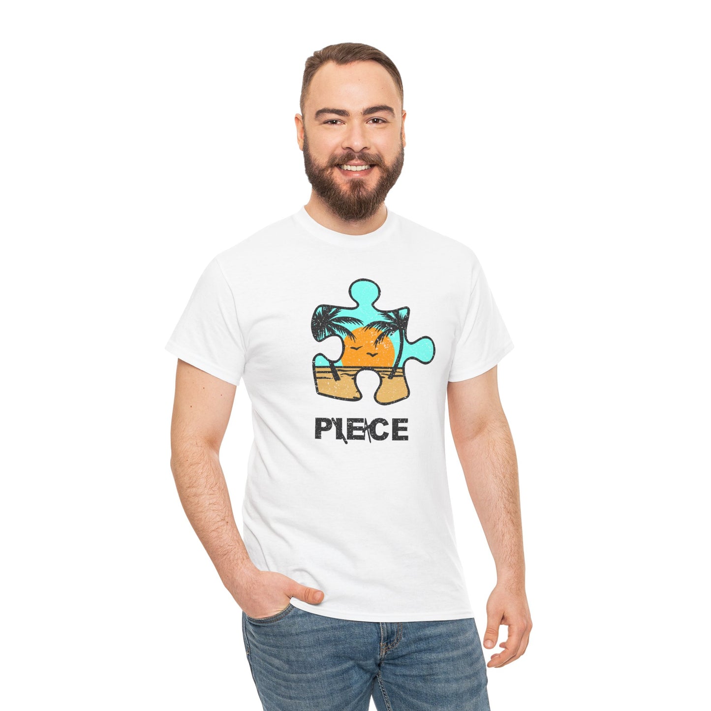 Peace Puzzle Piece T-Shirt – Distressed Beach Graphic Tee – Unisex Heavy Cotton Shirt for Tranquil Vibes