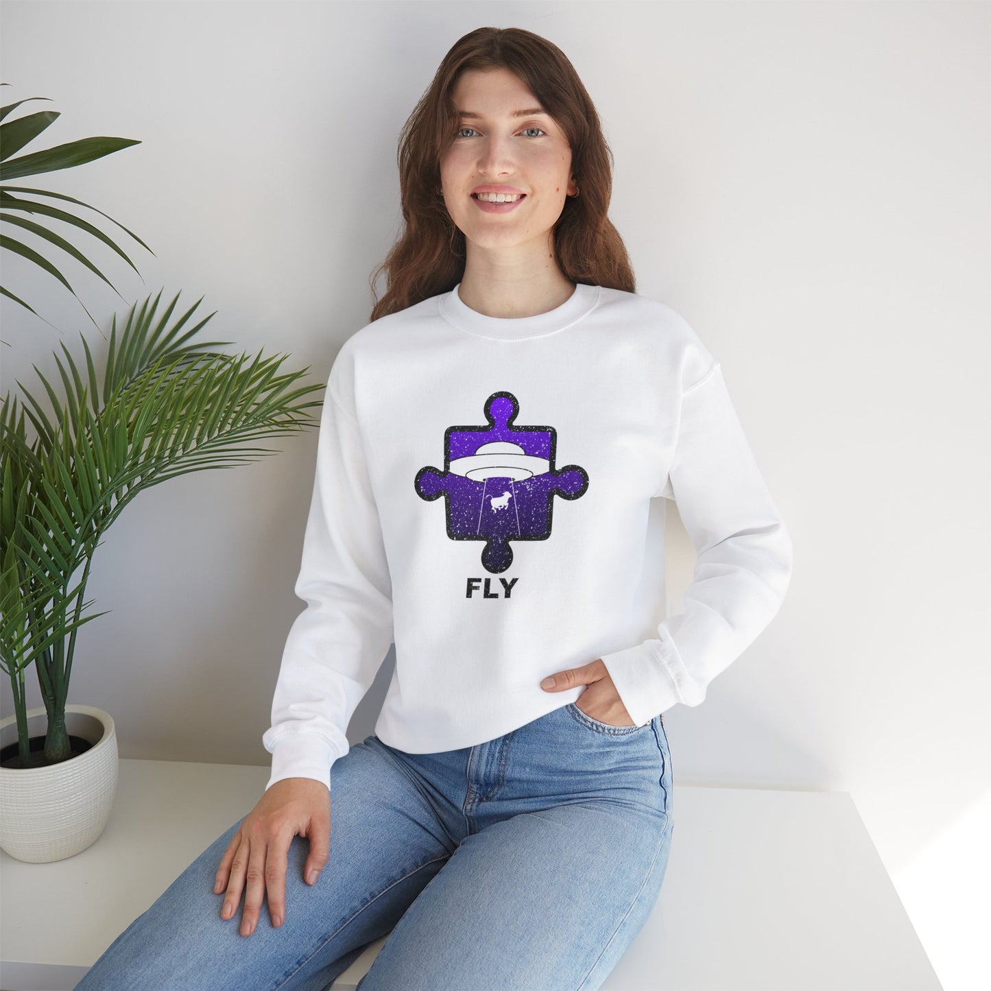 Distressed Crewneck Sweatshirt – Cow & UFO Puzzle Piece with ‘Fly’ Theme