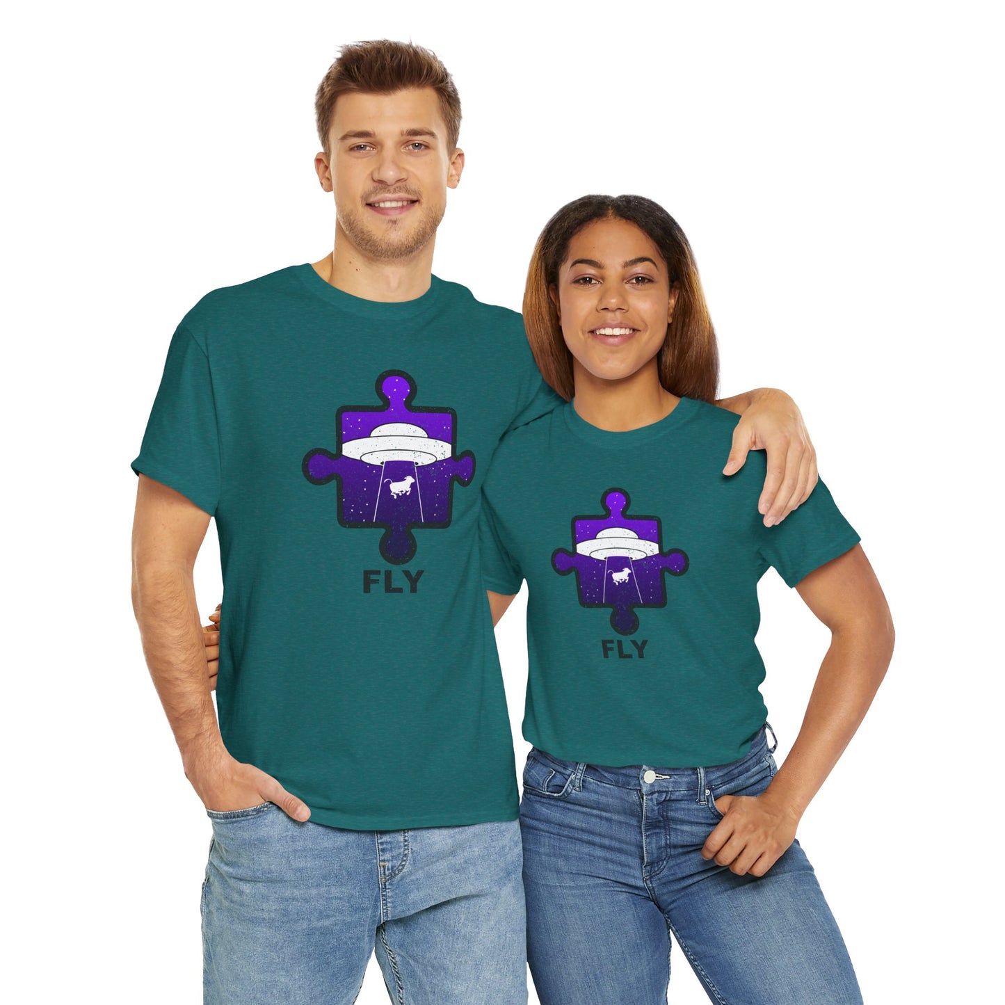 UFO Cow Abduction T-Shirt – ‘Fly’ Puzzle Piece Graphic Tee – Unisex Heavy Cotton Shirt Distressed Design