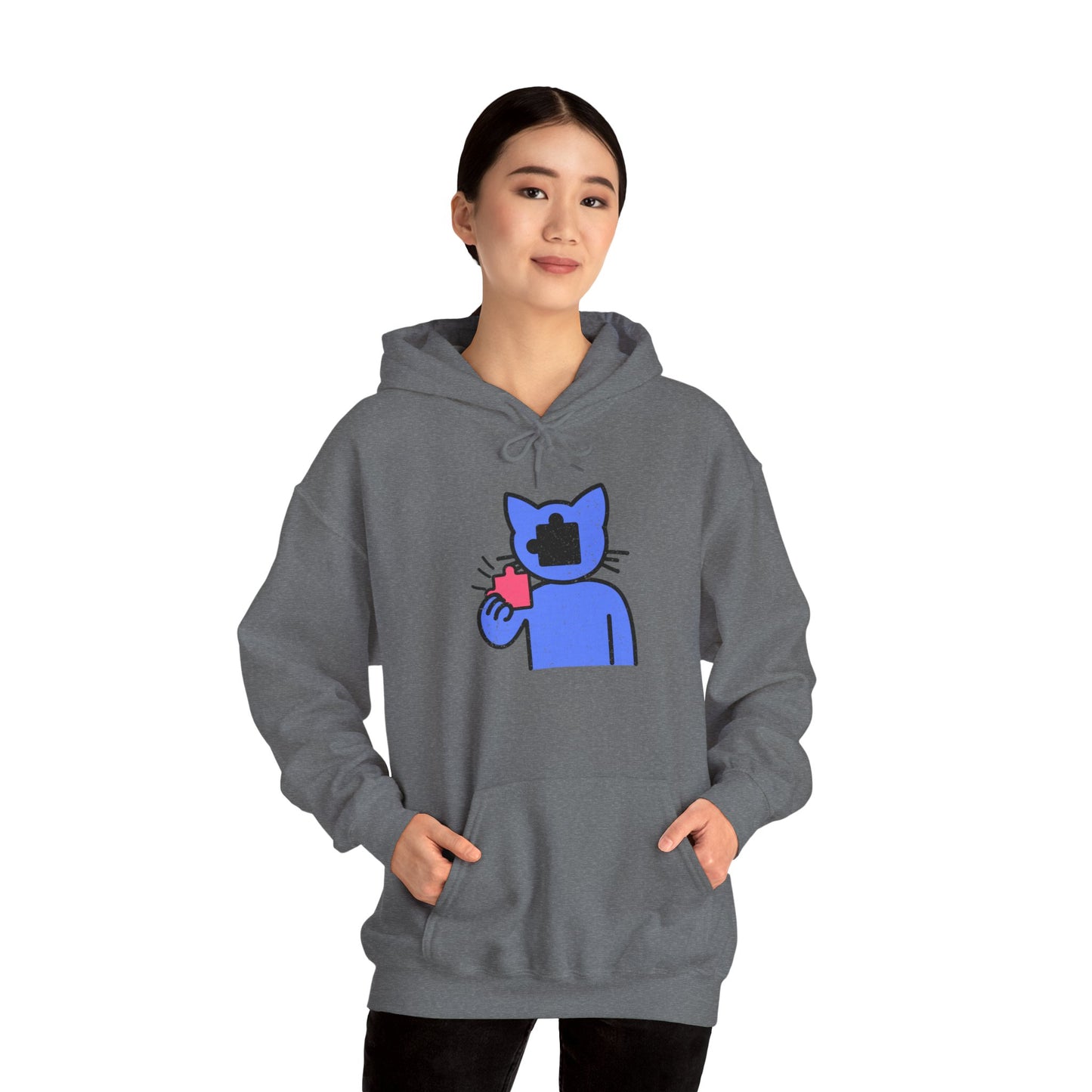 Cat Puzzle Piece Hoodie – Distressed Graphic Pullover – Cozy Unisex Hooded Sweatshirt for Puzzle Lovers