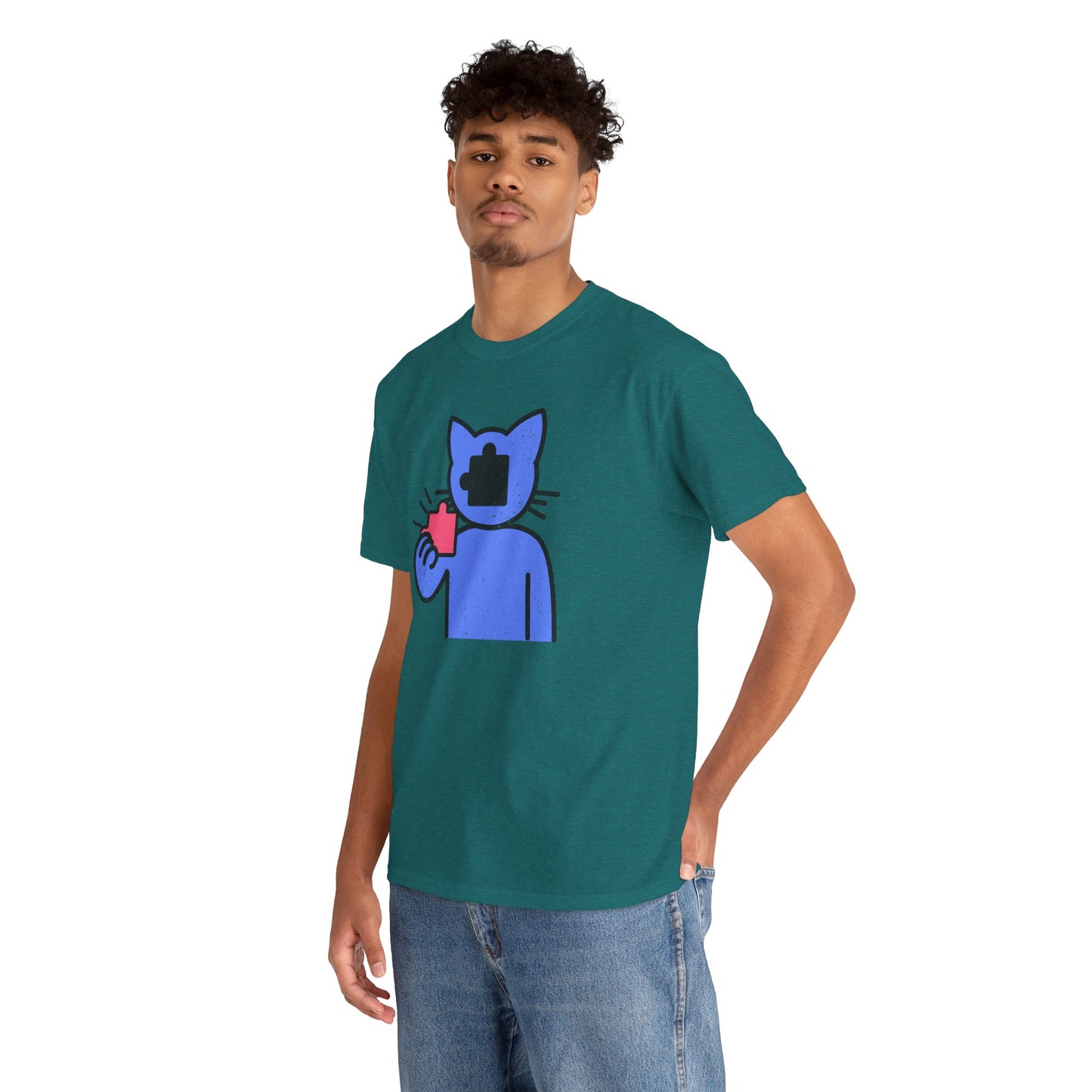 Cat Puzzle Piece T-Shirt – Life’s Epic Journey Distressed Graphic Tee – Unisex Heavy Cotton Shirt – Mix & Match to Create Your Own Unique Style