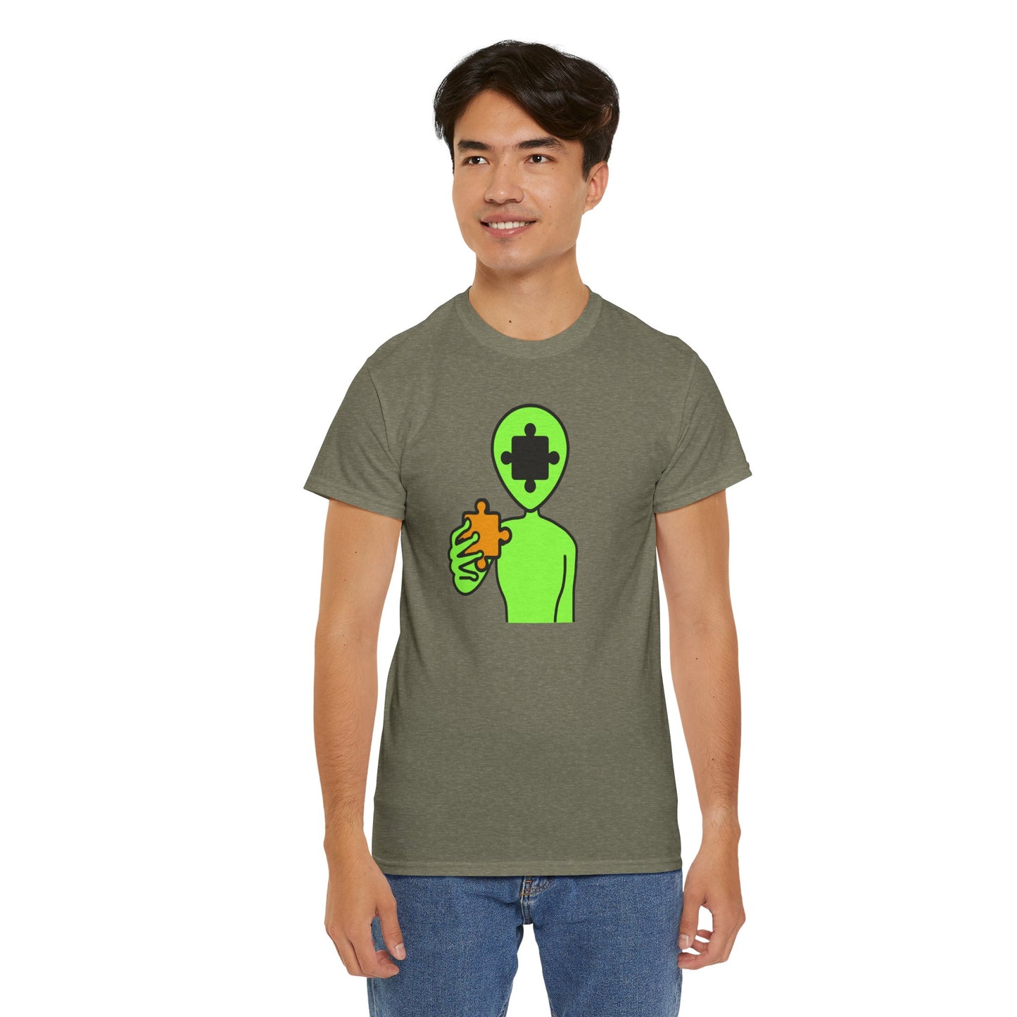 Alien Puzzle Piece T-Shirt – Clean Cosmic Design – Unisex Heavy Cotton Shirt for Life’s Mysteries