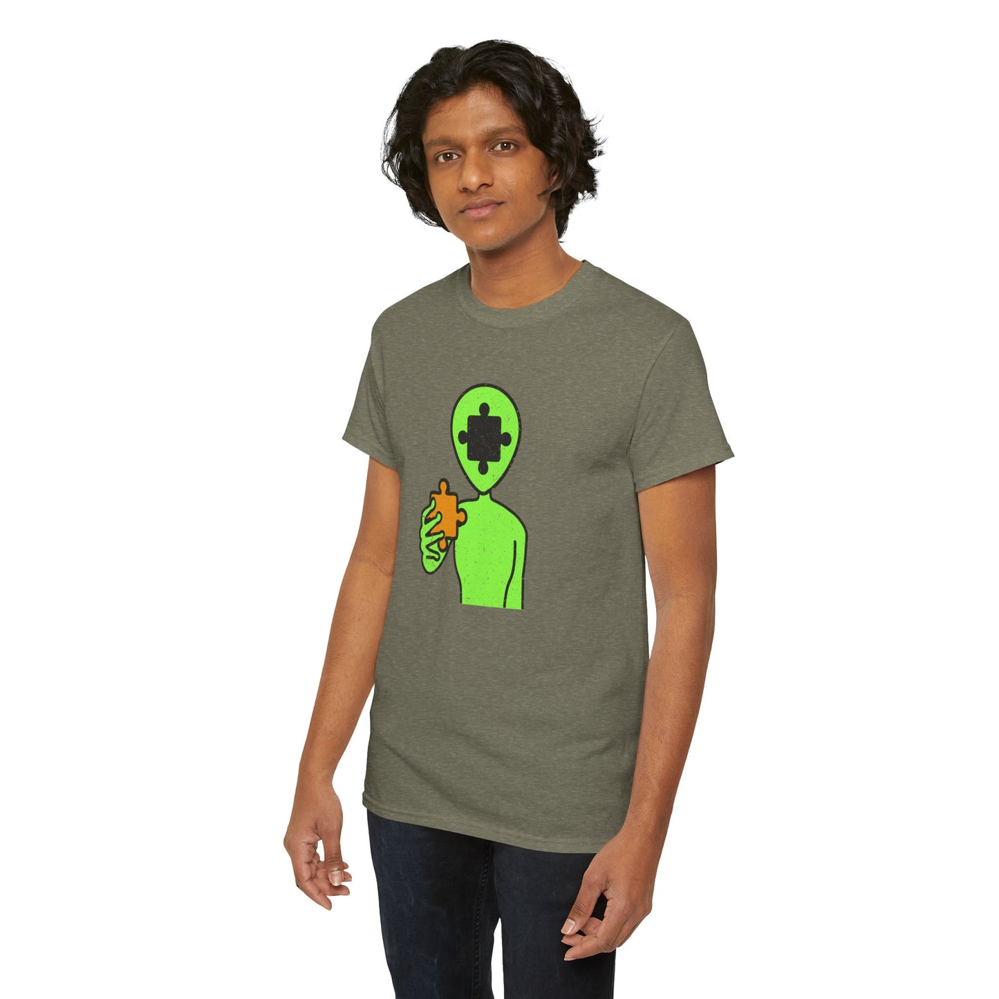 Alien Puzzle Piece T-Shirt – Distressed Cosmic Design – Unisex Heavy Cotton Shirt for Life’s Mysteries