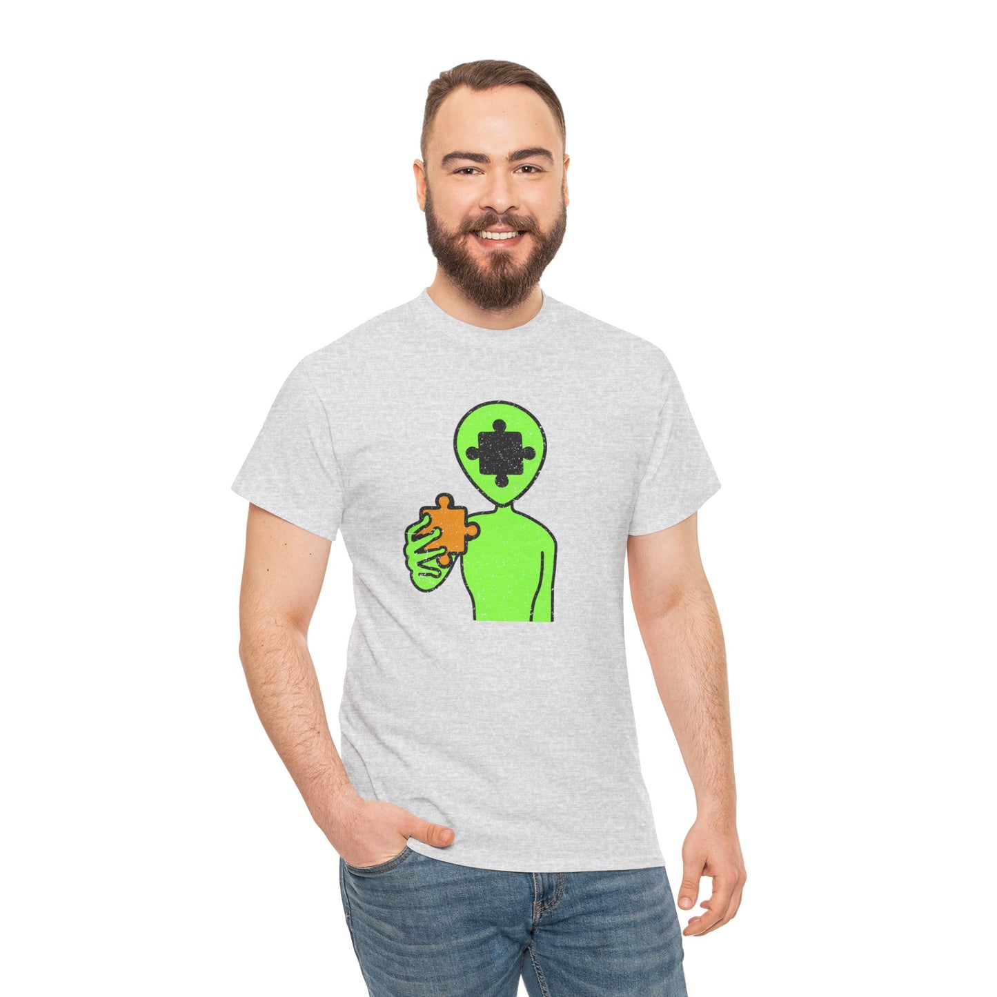 Alien Puzzle Piece T-Shirt – Distressed Cosmic Design – Unisex Heavy Cotton Shirt for Life’s Mysteries