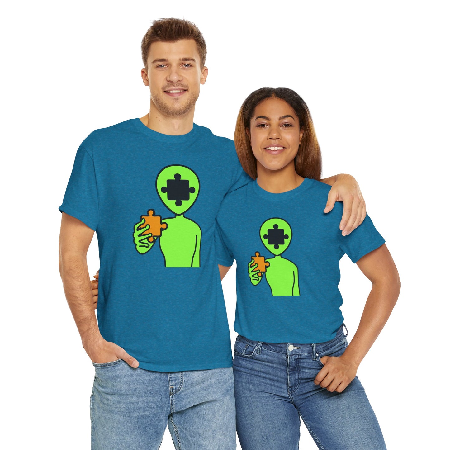 Alien Puzzle Piece T-Shirt – Clean Cosmic Design – Unisex Heavy Cotton Shirt for Life’s Mysteries