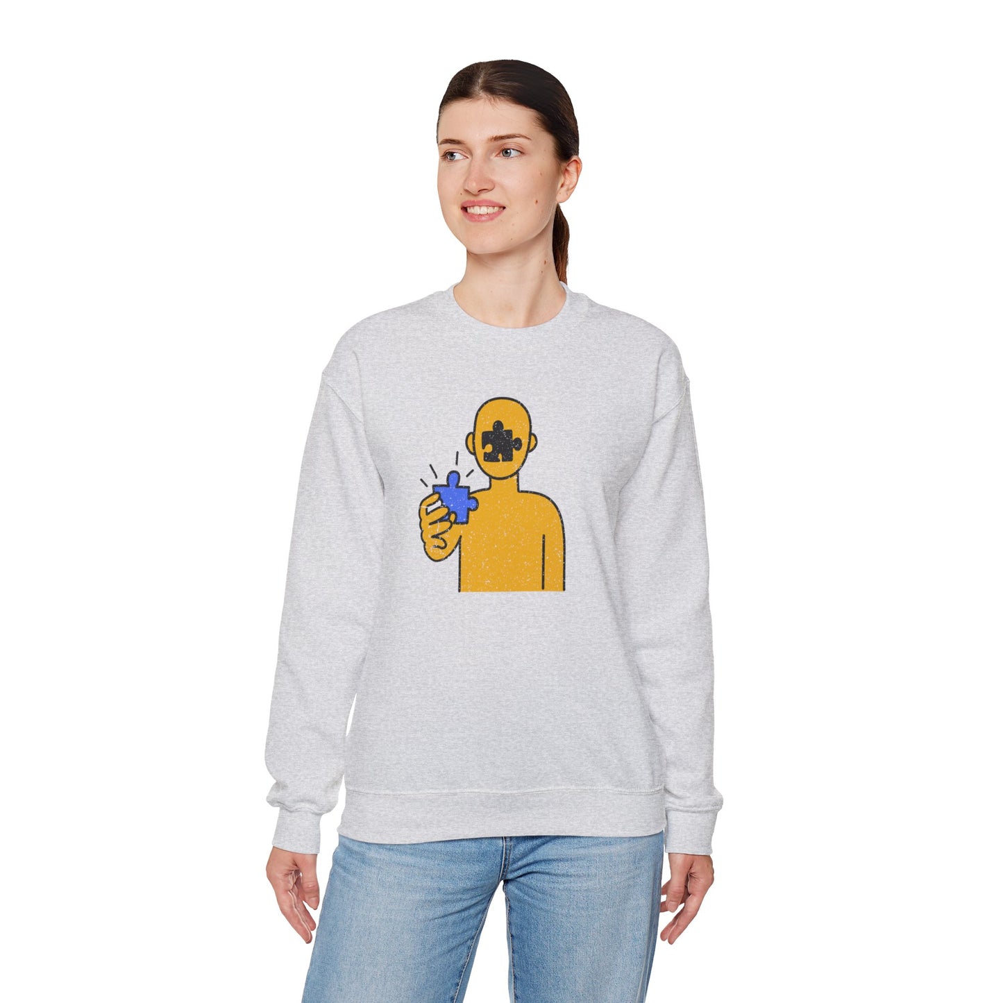 Distressed Crewneck Sweatshirt – Thoughtful Puzzle Piece Design with Human Theme