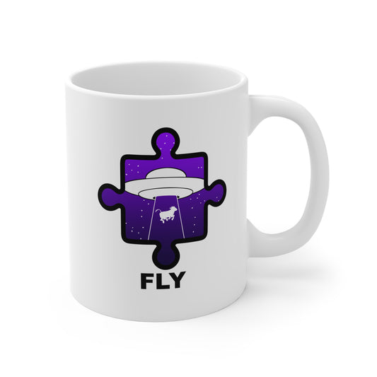 UFO Cow Abduction Mug – ‘Fly’ Puzzle Piece Graphic – 11oz Ceramic Cup