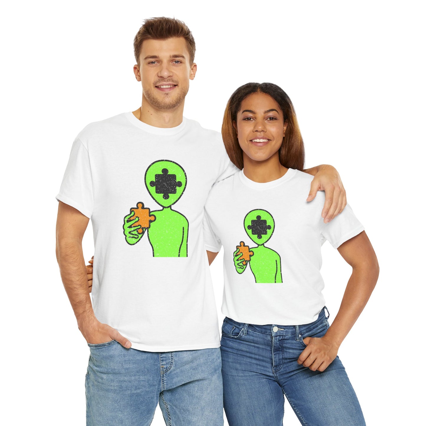 Alien Puzzle Piece T-Shirt – Distressed Cosmic Design – Unisex Heavy Cotton Shirt for Life’s Mysteries