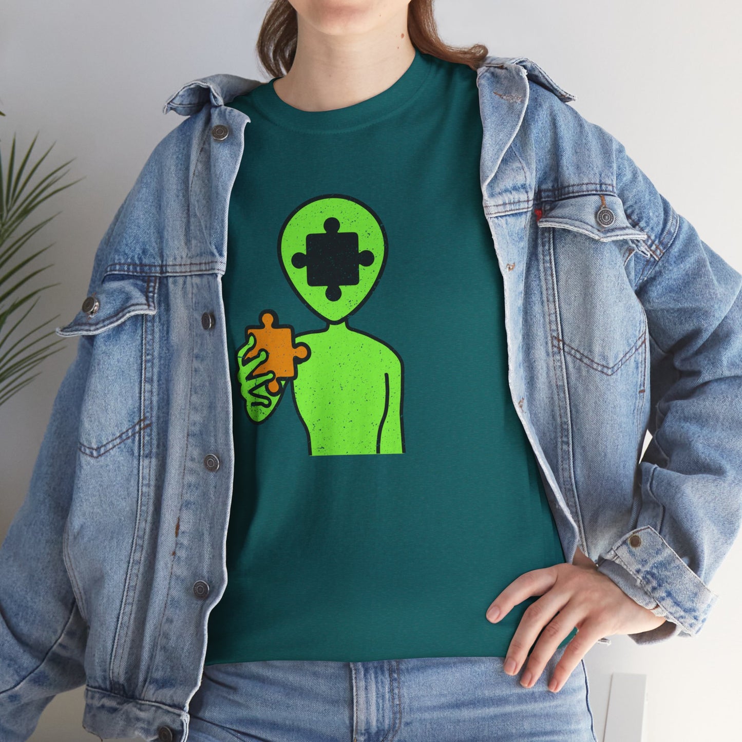 Alien Puzzle Piece T-Shirt – Distressed Cosmic Design – Unisex Heavy Cotton Shirt for Life’s Mysteries