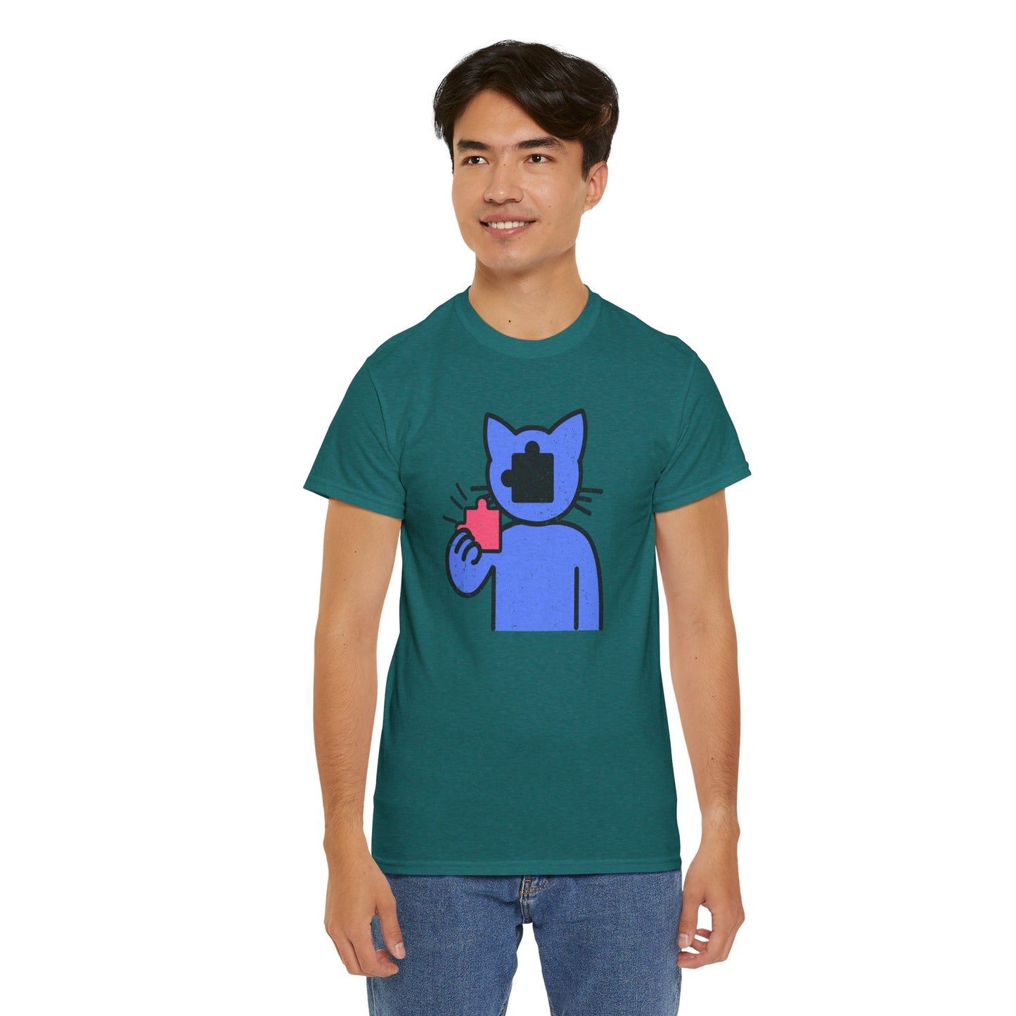 Cat Puzzle Piece T-Shirt – Life’s Epic Journey Distressed Graphic Tee – Unisex Heavy Cotton Shirt – Mix & Match to Create Your Own Unique Style